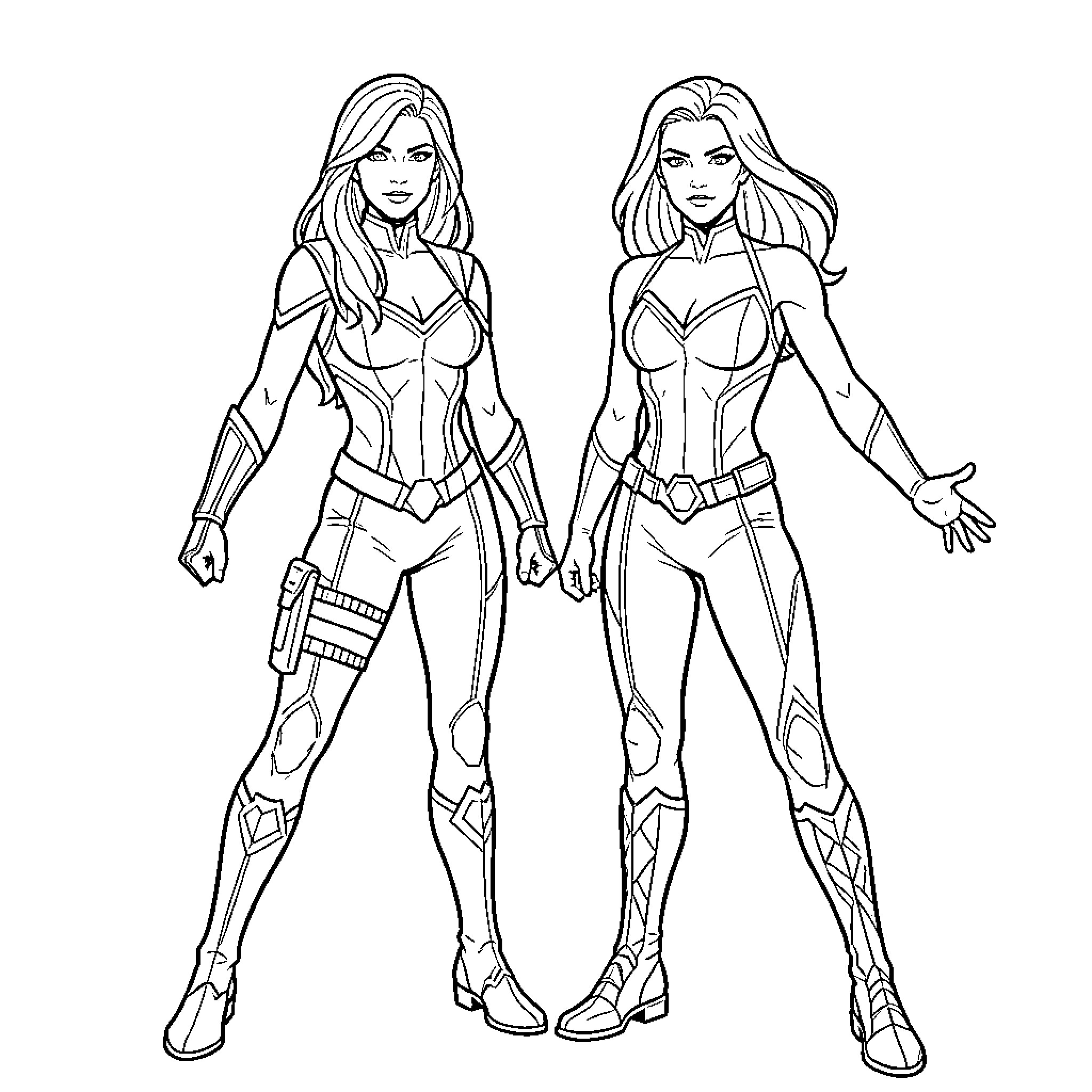 Emma Frost standing confidently in superhero outfits Coloring Page (free black-and-white line drawing printable PDF for all, from beginners to advanced learners, including children, teens, adults, and seniors)