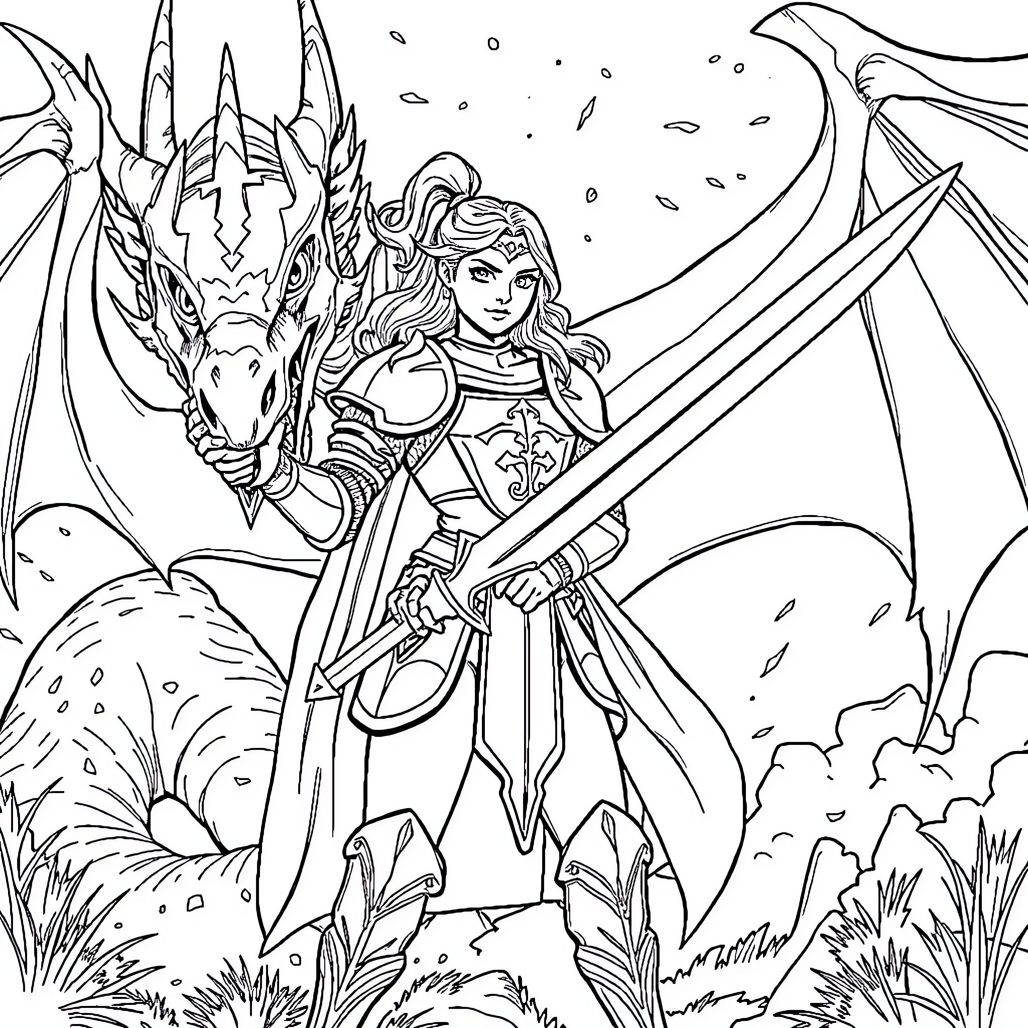 Mom battles fierce dragon in magical fantasy world Coloring Page (free black-and-white line drawing printable PDF for all, from beginners to advanced learners, including children, teens, adults, and seniors)