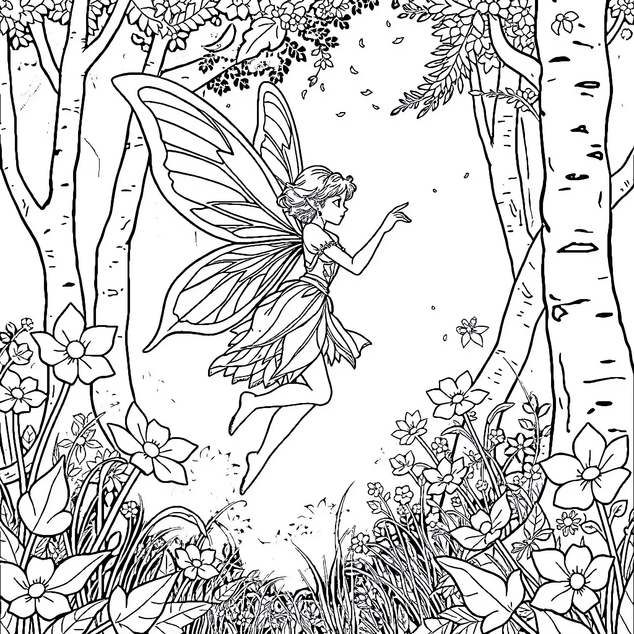 Fairy dancing amidst the enchanted forest Coloring Page (free black-and-white line drawing printable PDF for all, from beginners to advanced learners, including children, teens, adults, and seniors)