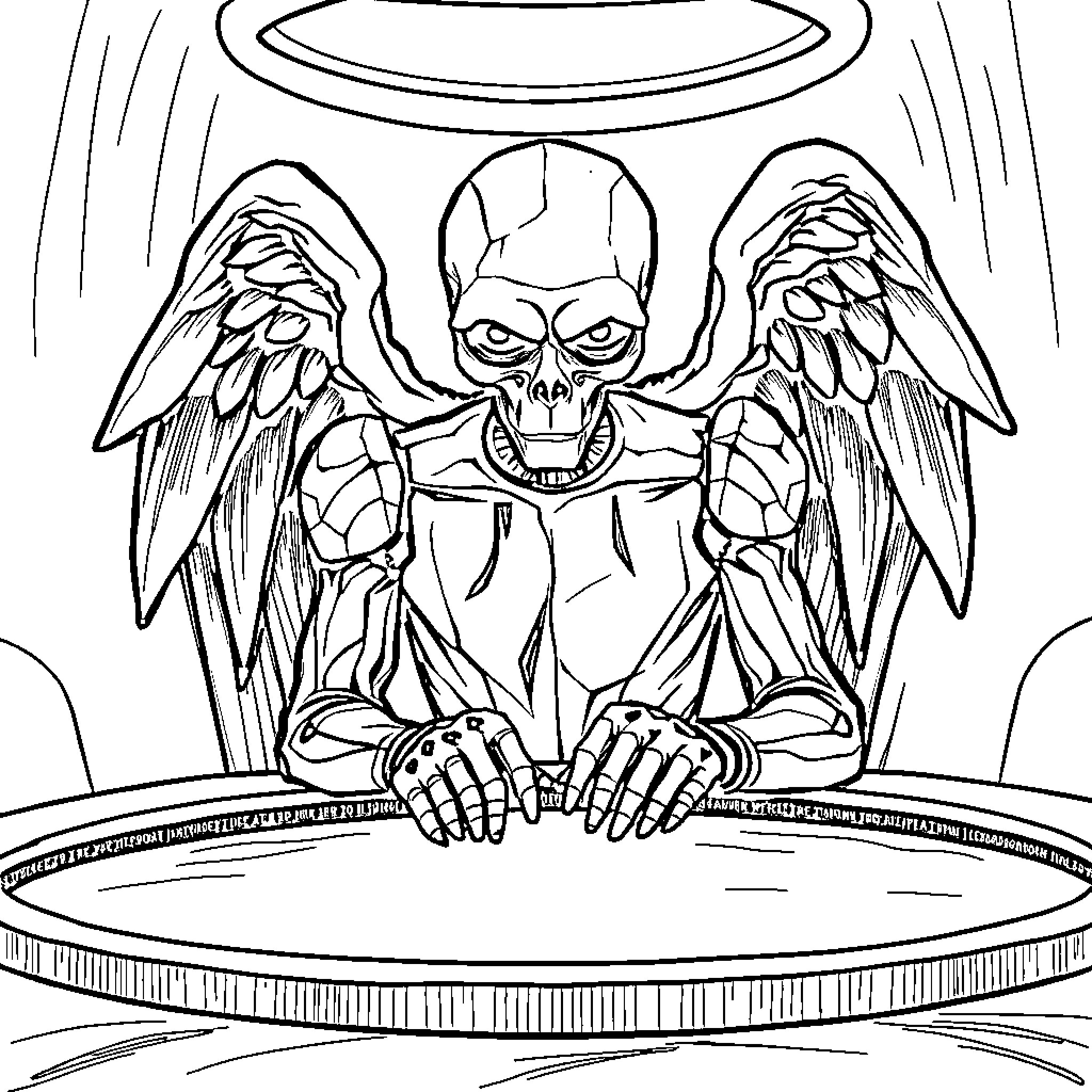 Weeping Angel with Skeletal Features and Wings Coloring Page (free black-and-white line drawing printable PDF for all, from beginners to advanced learners, including children, teens, adults, and seniors)