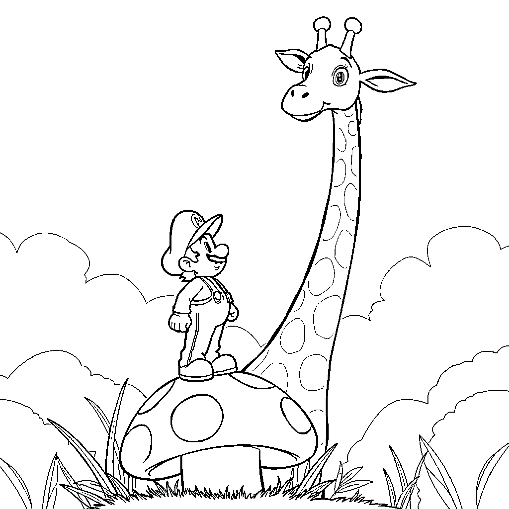 Mario interacting with a friendly giraffe in nature Coloring Page (free black-and-white line drawing printable PDF for all, from beginners to advanced learners, including children, teens, adults, and seniors)