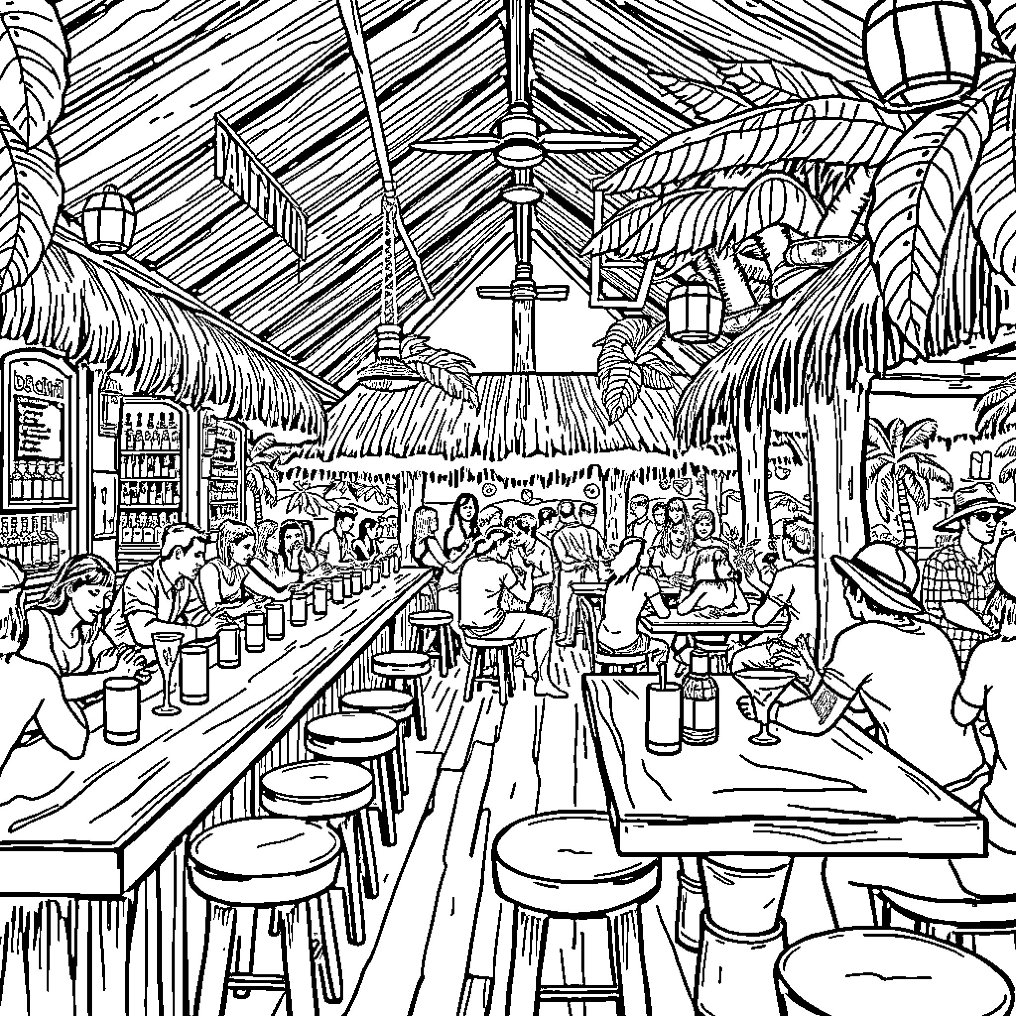 Bar with Lively Patrons and Tropical Decor Coloring Page (free black-and-white line drawing printable PDF for all, from beginners to advanced learners, including children, teens, adults, and seniors)