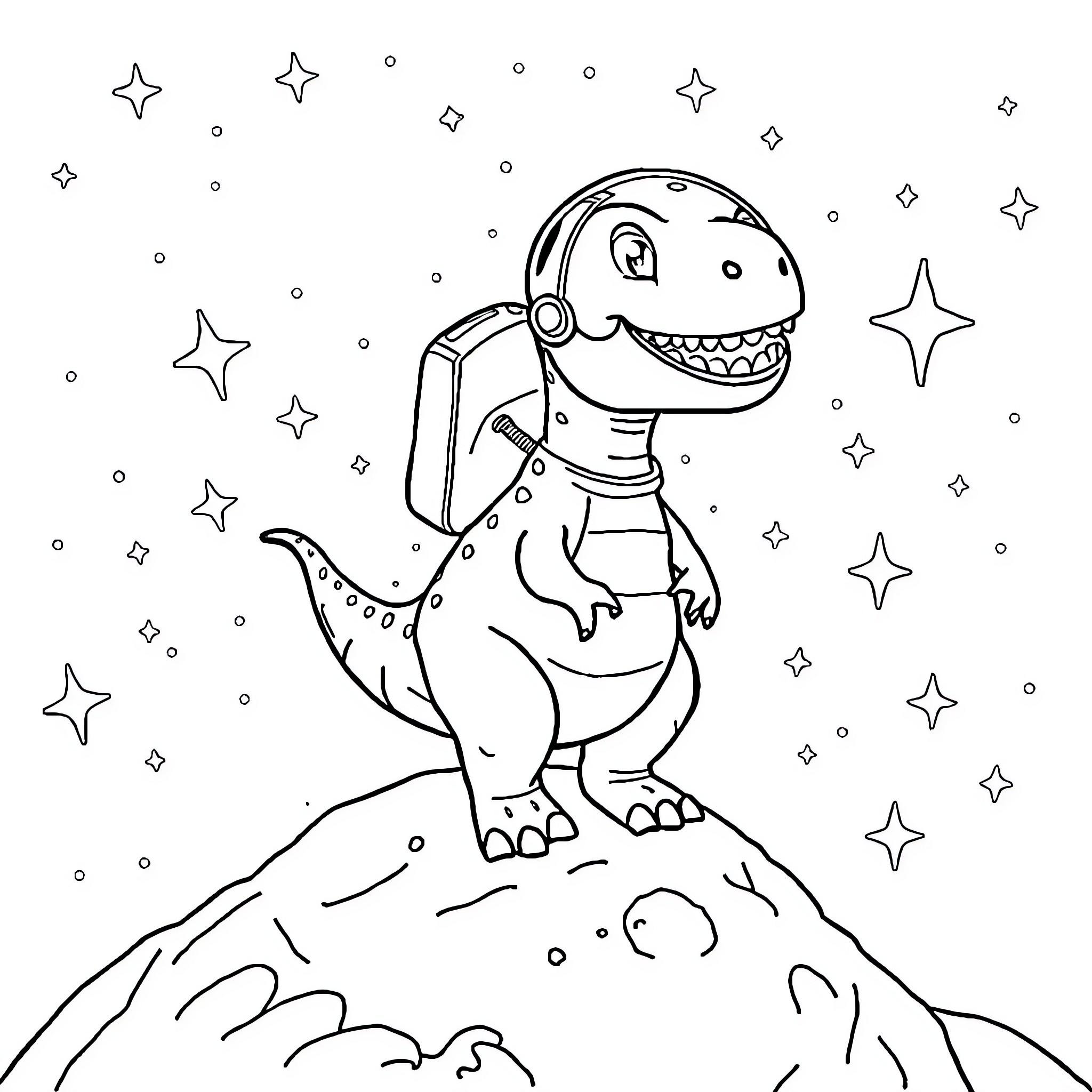 Dinosaur Astronaut Exploring Starry Space Coloring Page (free black-and-white line drawing printable PDF for all, from beginners to advanced learners, including children, teens, adults, and seniors)