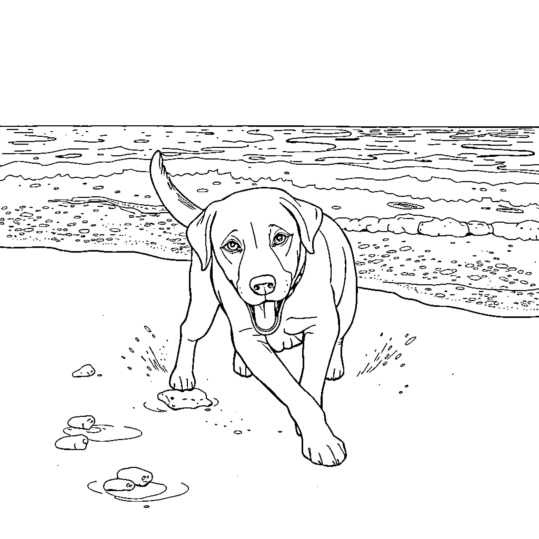 Labrador exploring the beach with excitement Coloring Page (free black-and-white line drawing printable PDF for all, from beginners to advanced learners, including children, teens, adults, and seniors)