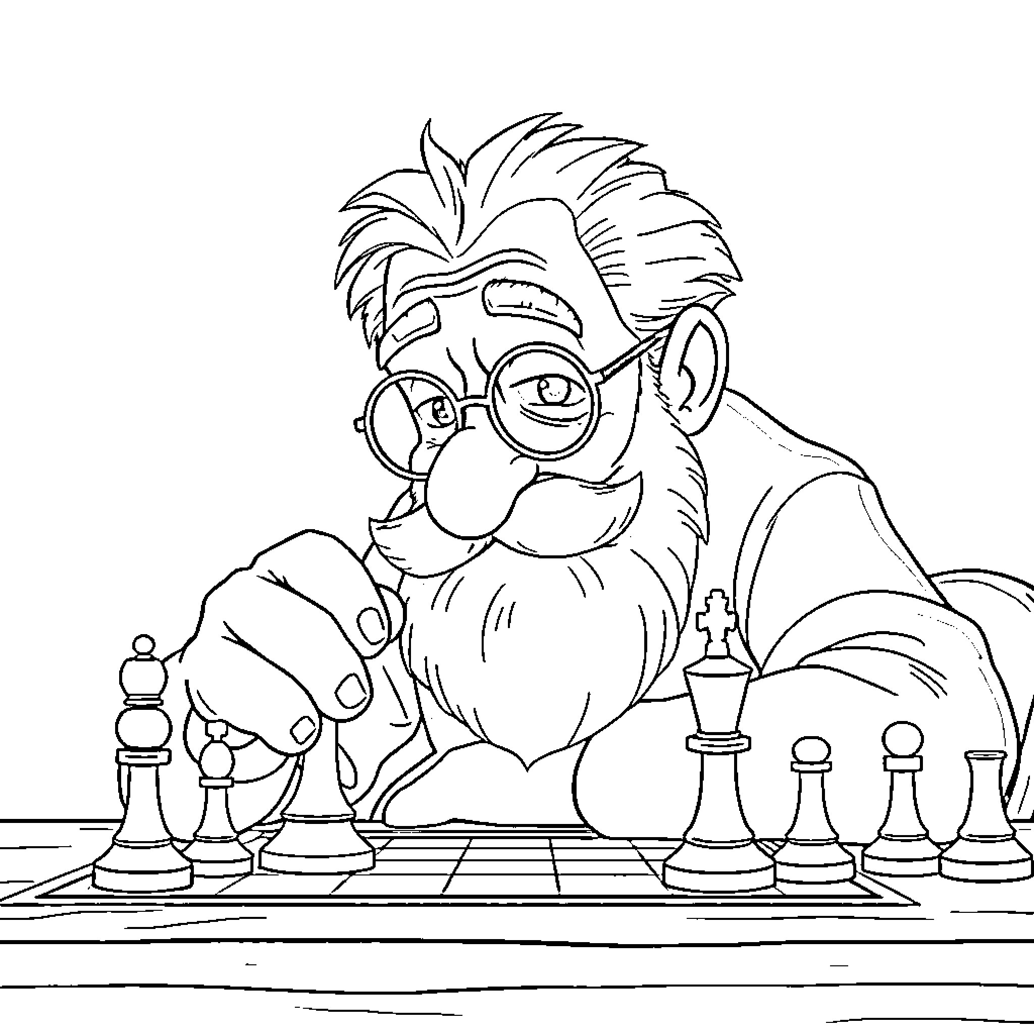Man playing chess with concentration Coloring Page (free black-and-white line drawing printable PDF for all, from beginners to advanced learners, including children, teens, adults, and seniors)