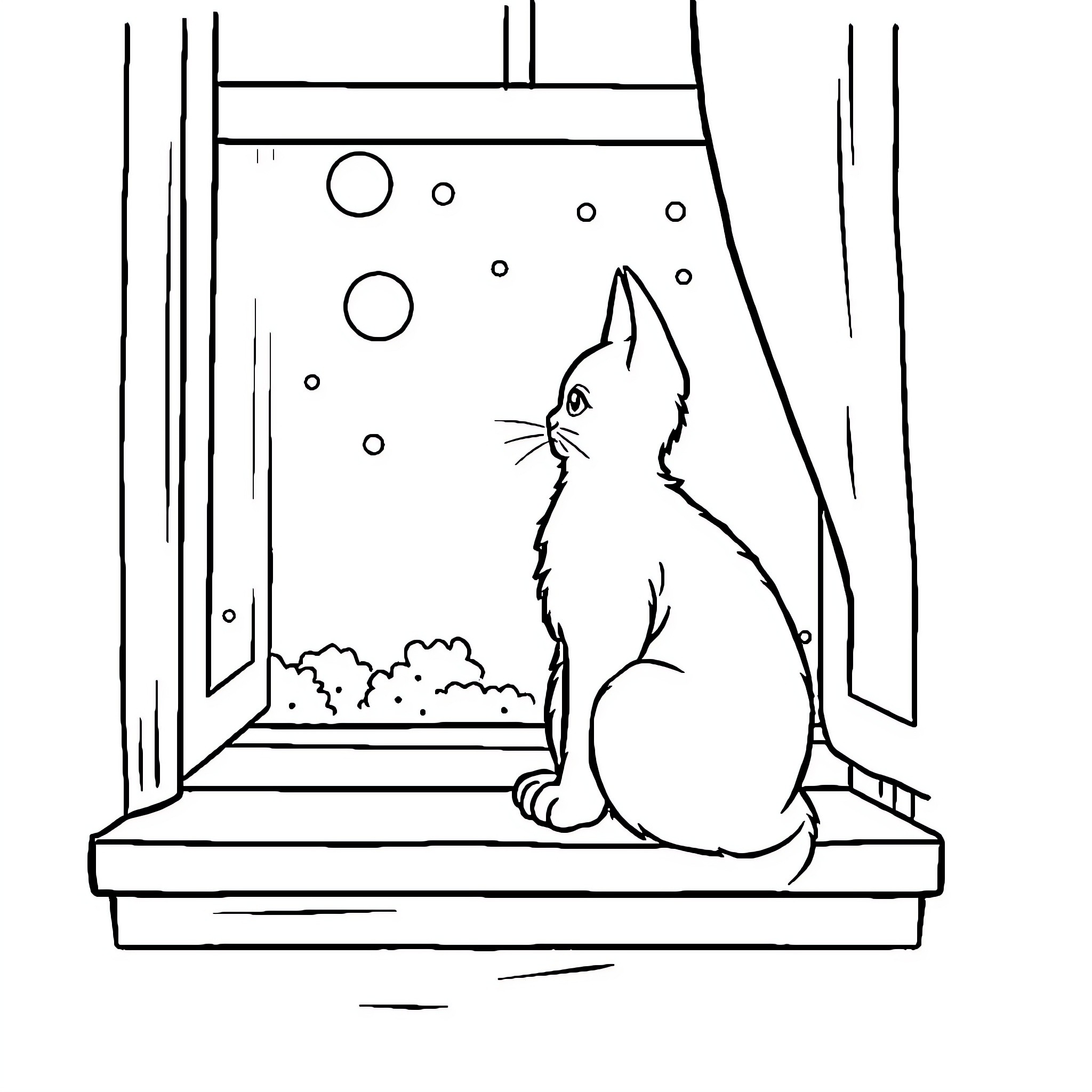 Cat watching through the window Coloring Page (free black-and-white line drawing printable PDF for all, from beginners to advanced learners, including children, teens, adults, and seniors)