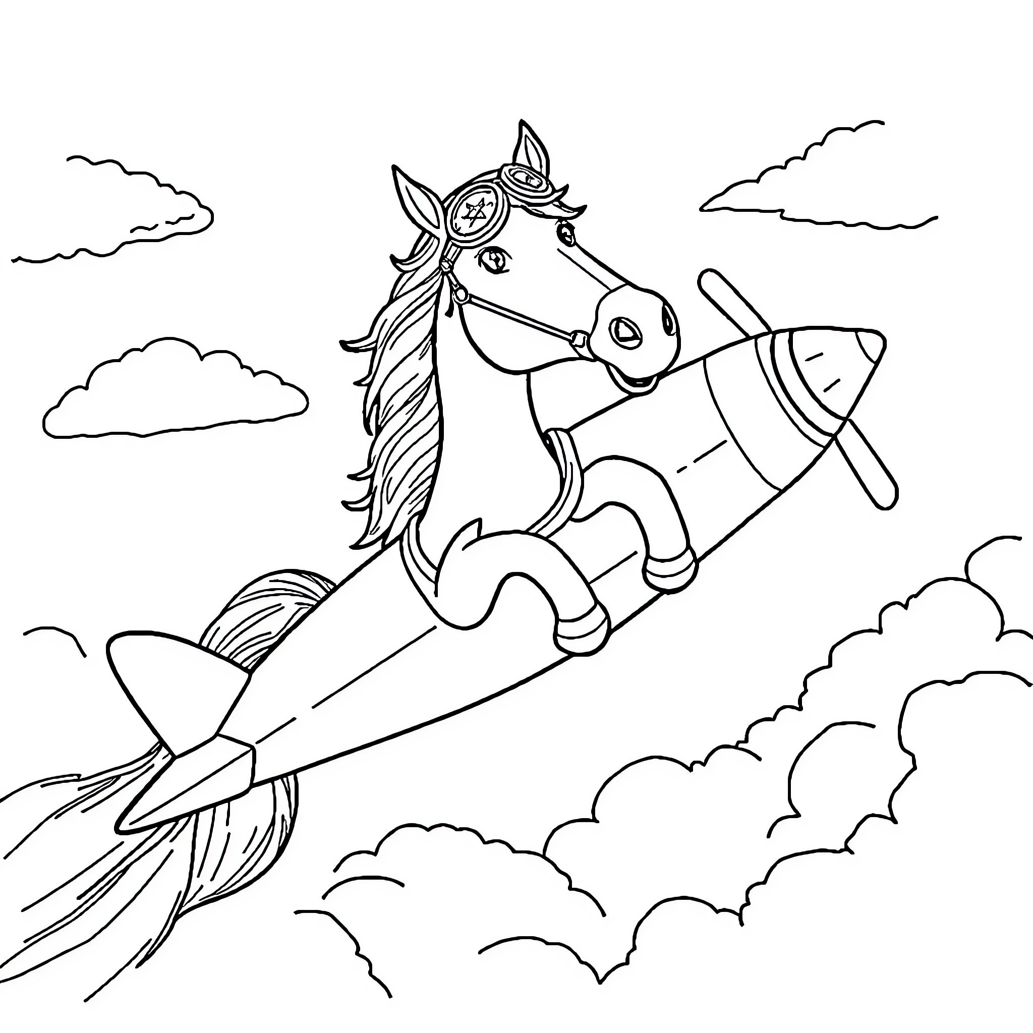 Horse riding a rocket through the sky Coloring Page (free black-and-white line drawing printable PDF for all, from beginners to advanced learners, including children, teens, adults, and seniors)