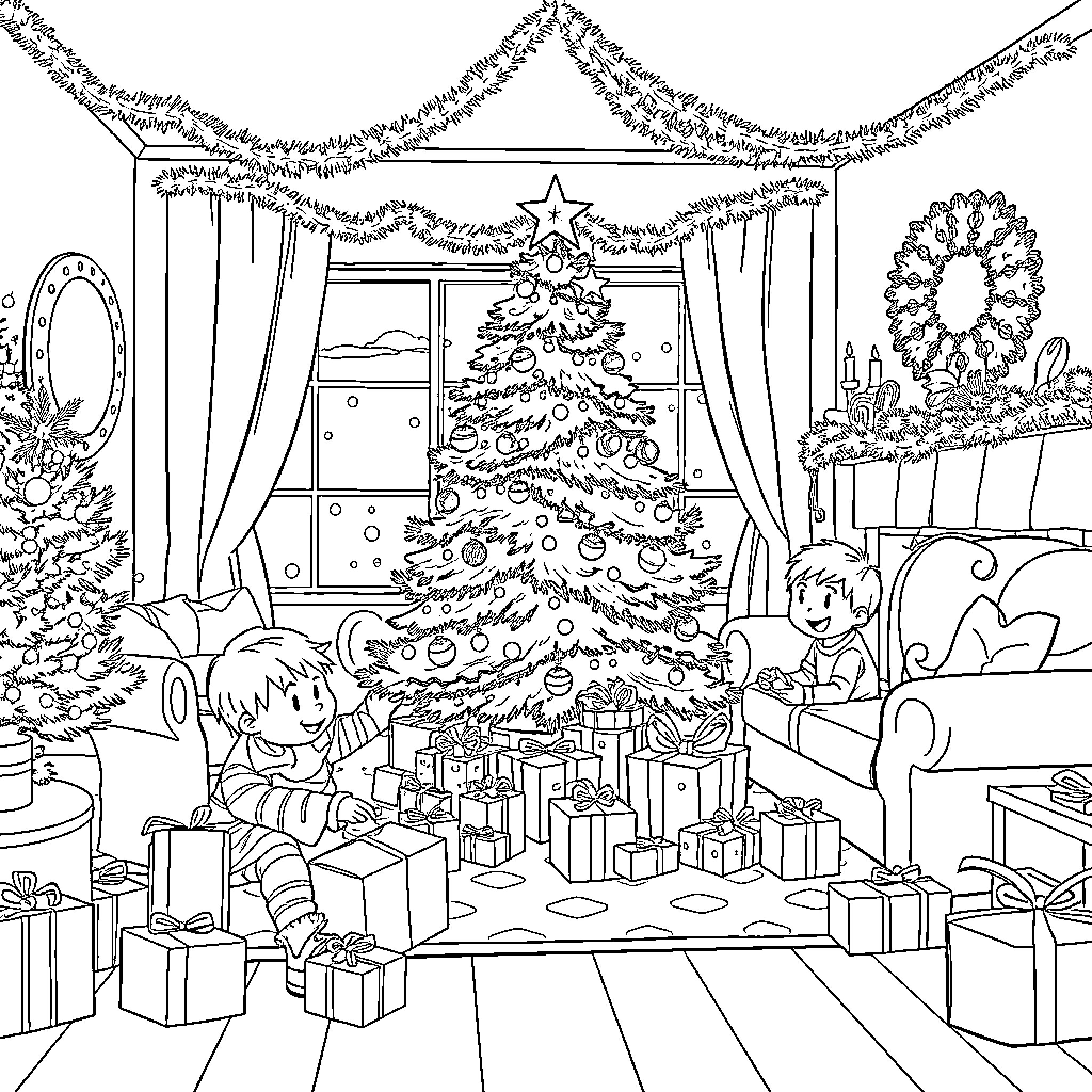 Child admiring decorated Christmas tree with presents Coloring Page (free black-and-white line drawing printable PDF for all, from beginners to advanced learners, including children, teens, adults, and seniors)