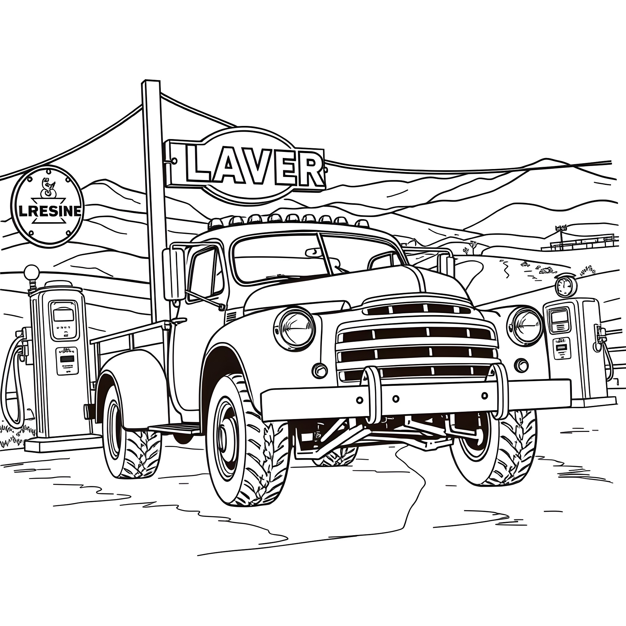 Truck refueling at the service station Coloring Page (free black-and-white line drawing printable PDF for all, from beginners to advanced learners, including children, teens, adults, and seniors)