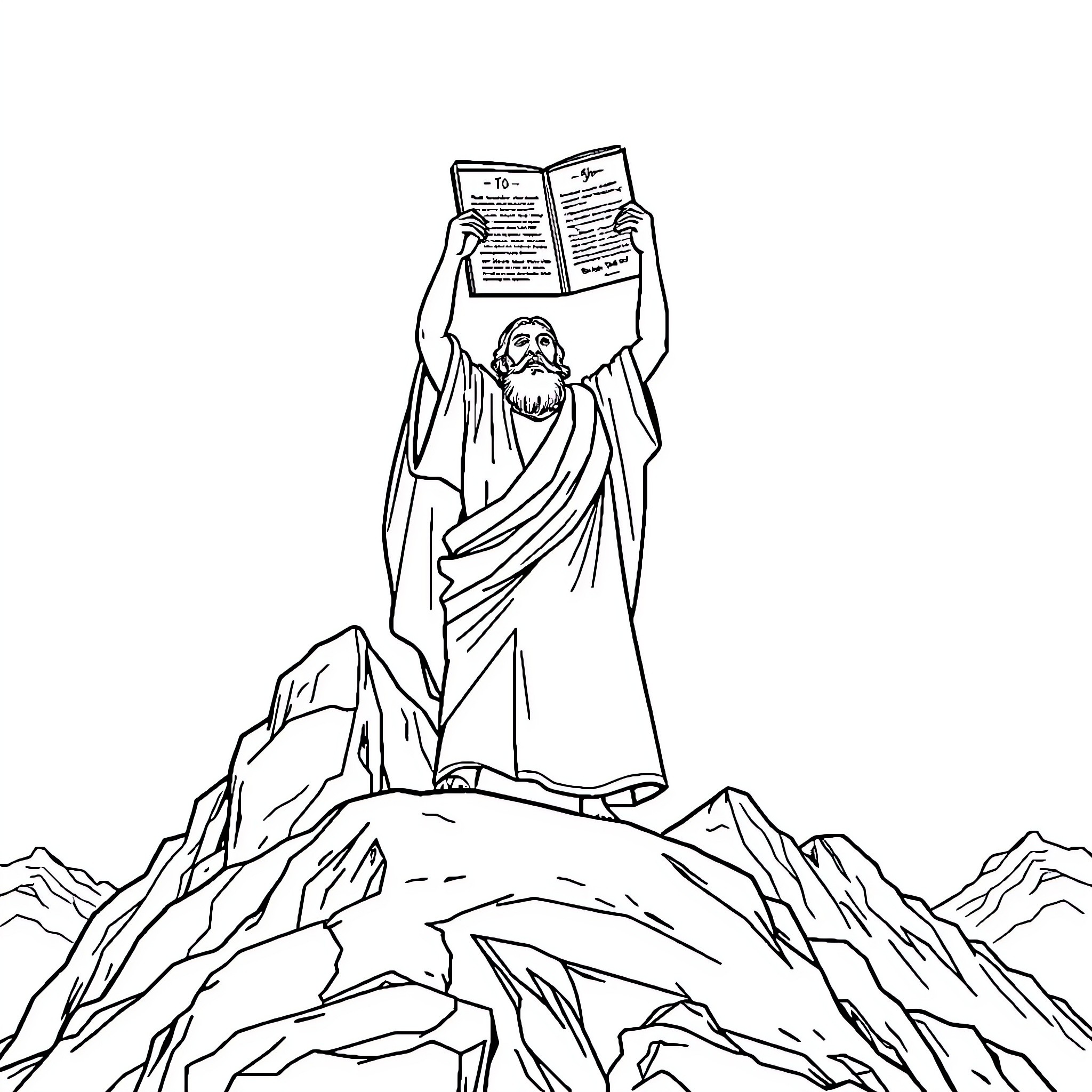 Moses holding the Ten Commandments on a mountainous landscape Coloring Page (free black-and-white line drawing printable PDF for all, from beginners to advanced learners, including children, teens, adults, and seniors)
