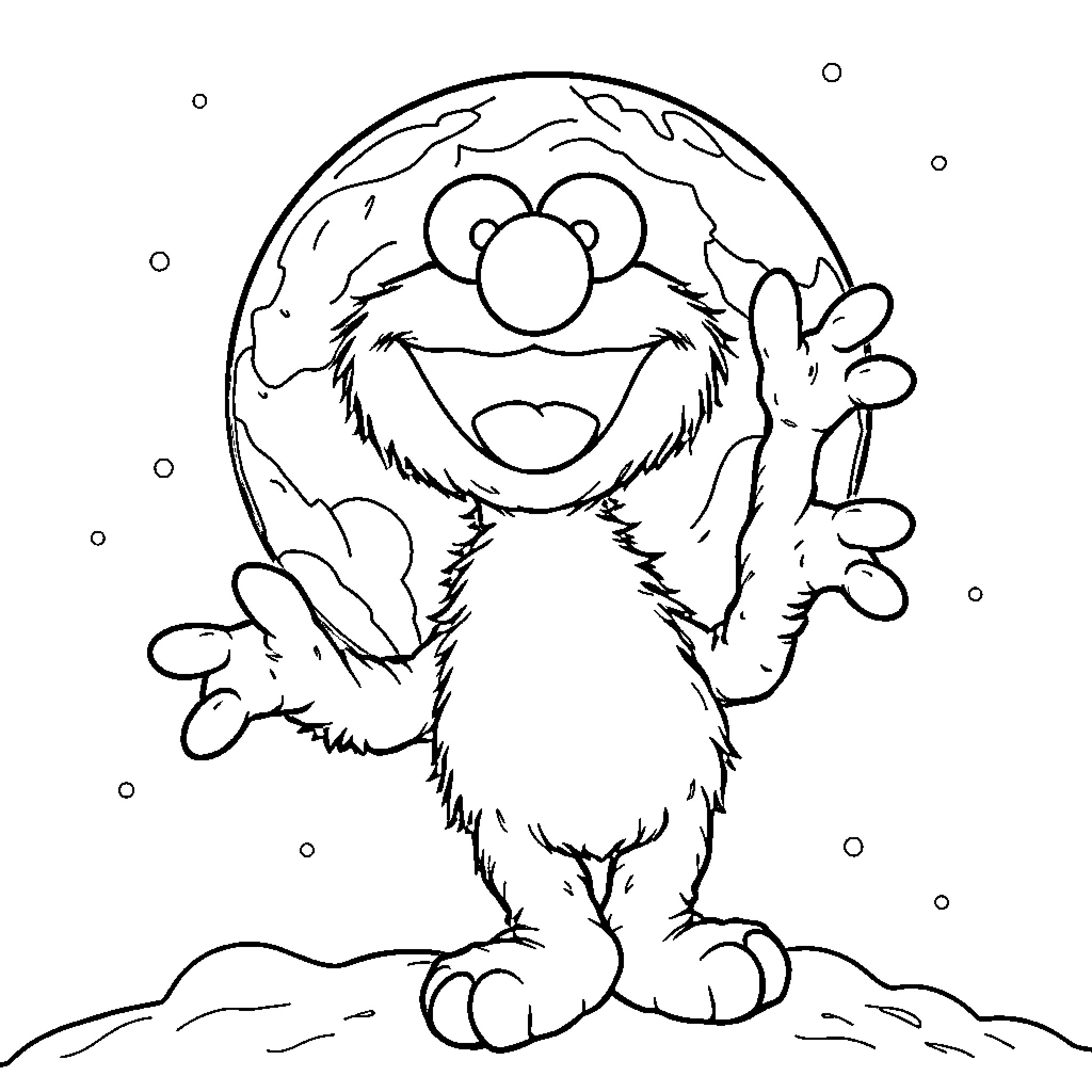 Elmo playing joyfully in the winter wonderland Coloring Page (free black-and-white line drawing printable PDF for all, from beginners to advanced learners, including children, teens, adults, and seniors)