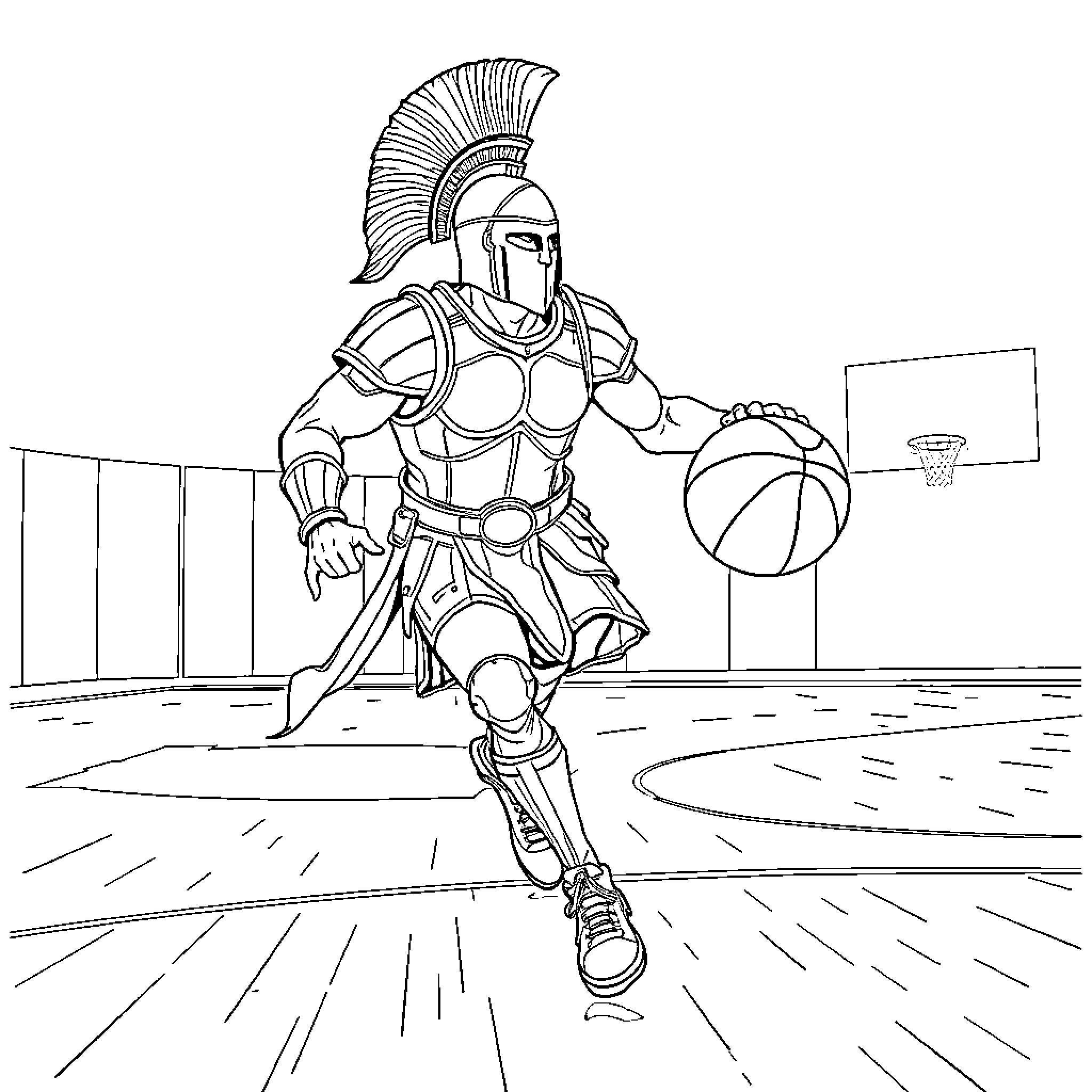 Spartan Basketball Player in Action Coloring Page (free black-and-white line drawing printable PDF for all, from beginners to advanced learners, including children, teens, adults, and seniors)