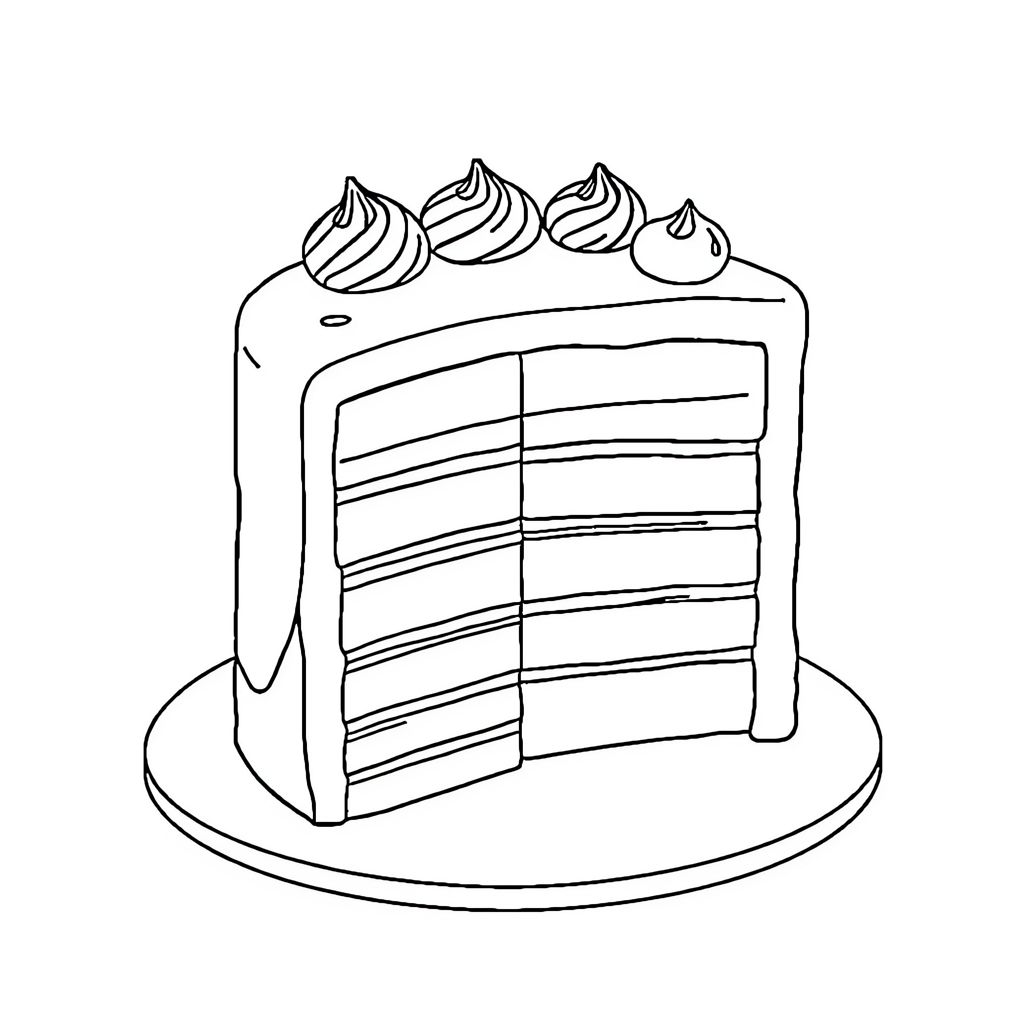 Rainbow Cake Displayed on Plate Coloring Page (free black-and-white line drawing printable PDF for all, from beginners to advanced learners, including children, teens, adults, and seniors)