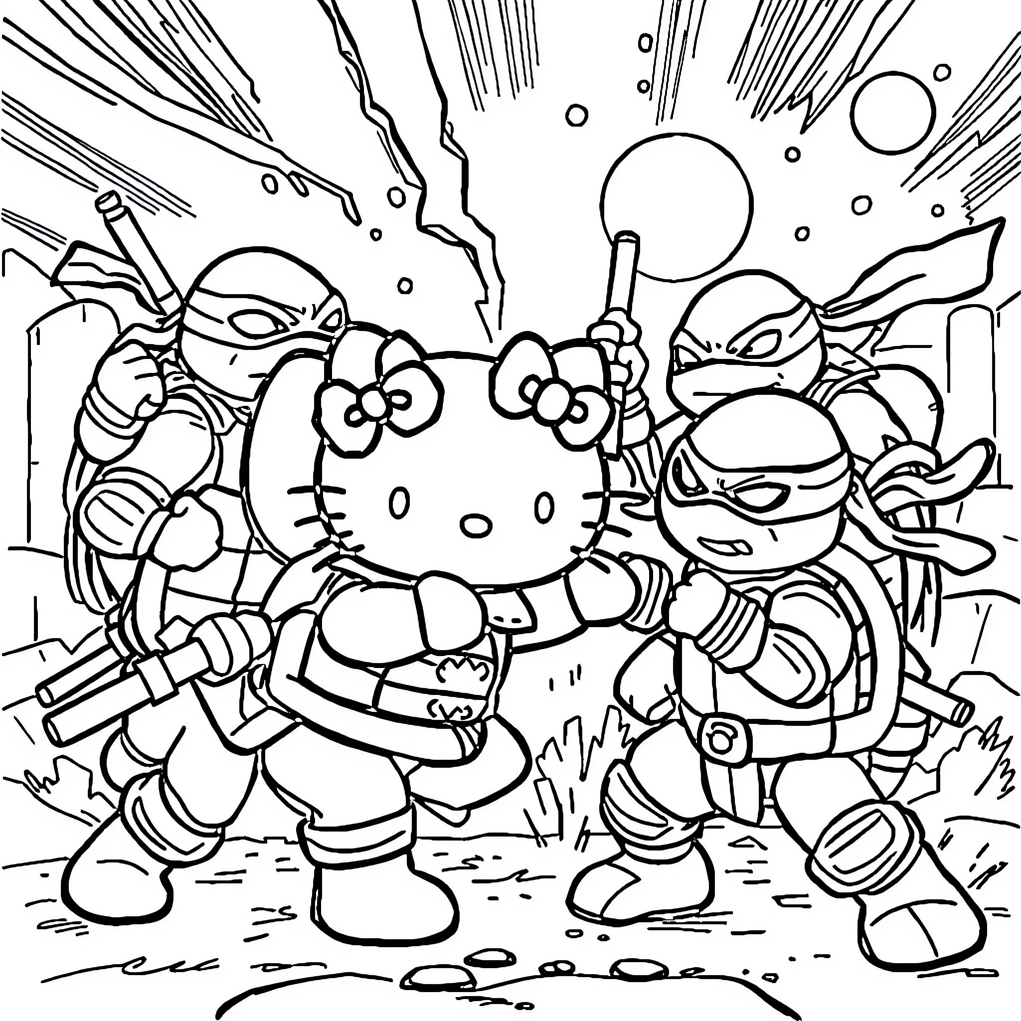 Hello Kitty and Ninja Turtles in Action Coloring Page (free black-and-white line drawing printable PDF for all, from beginners to advanced learners, including children, teens, adults, and seniors)