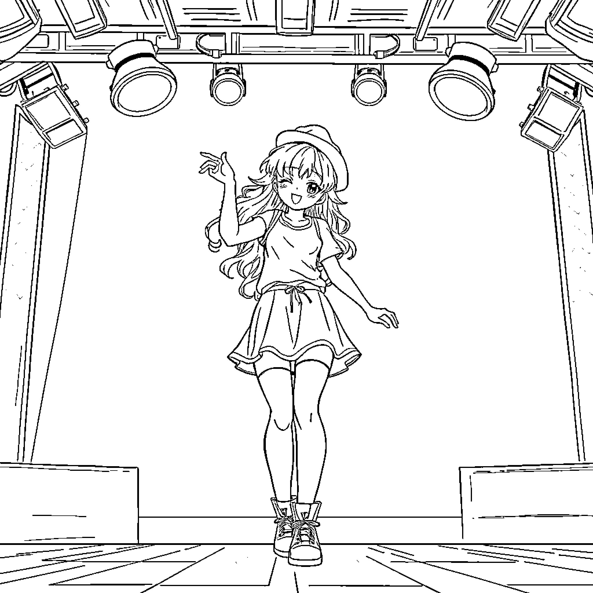 Anime Girl Standing Confidently on Stage Coloring Page (free black-and-white line drawing printable PDF for all, from beginners to advanced learners, including children, teens, adults, and seniors)