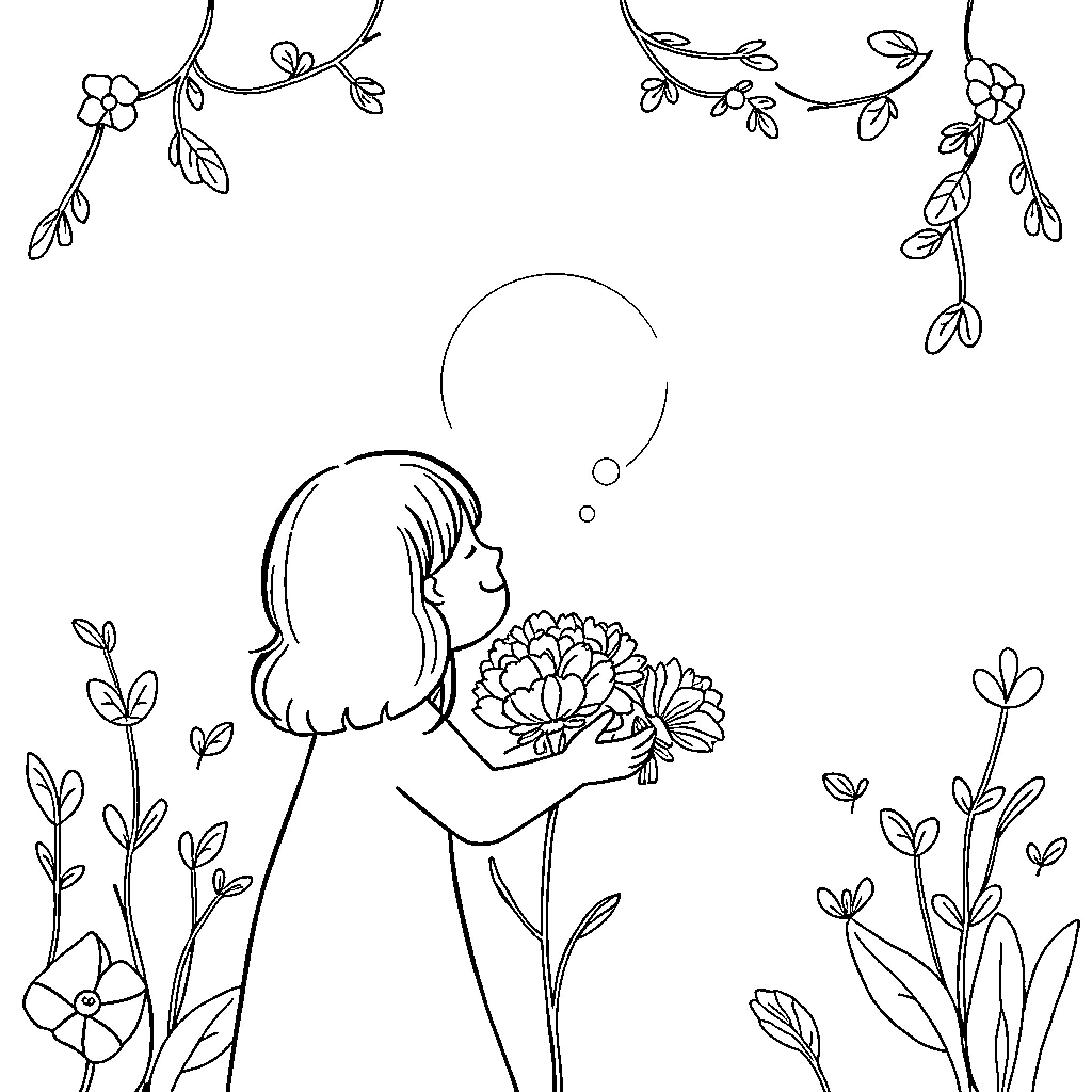Thankful woman admiring a bouquet of flowers Coloring Page (free black-and-white line drawing printable PDF for all, from beginners to advanced learners, including children, teens, adults, and seniors)