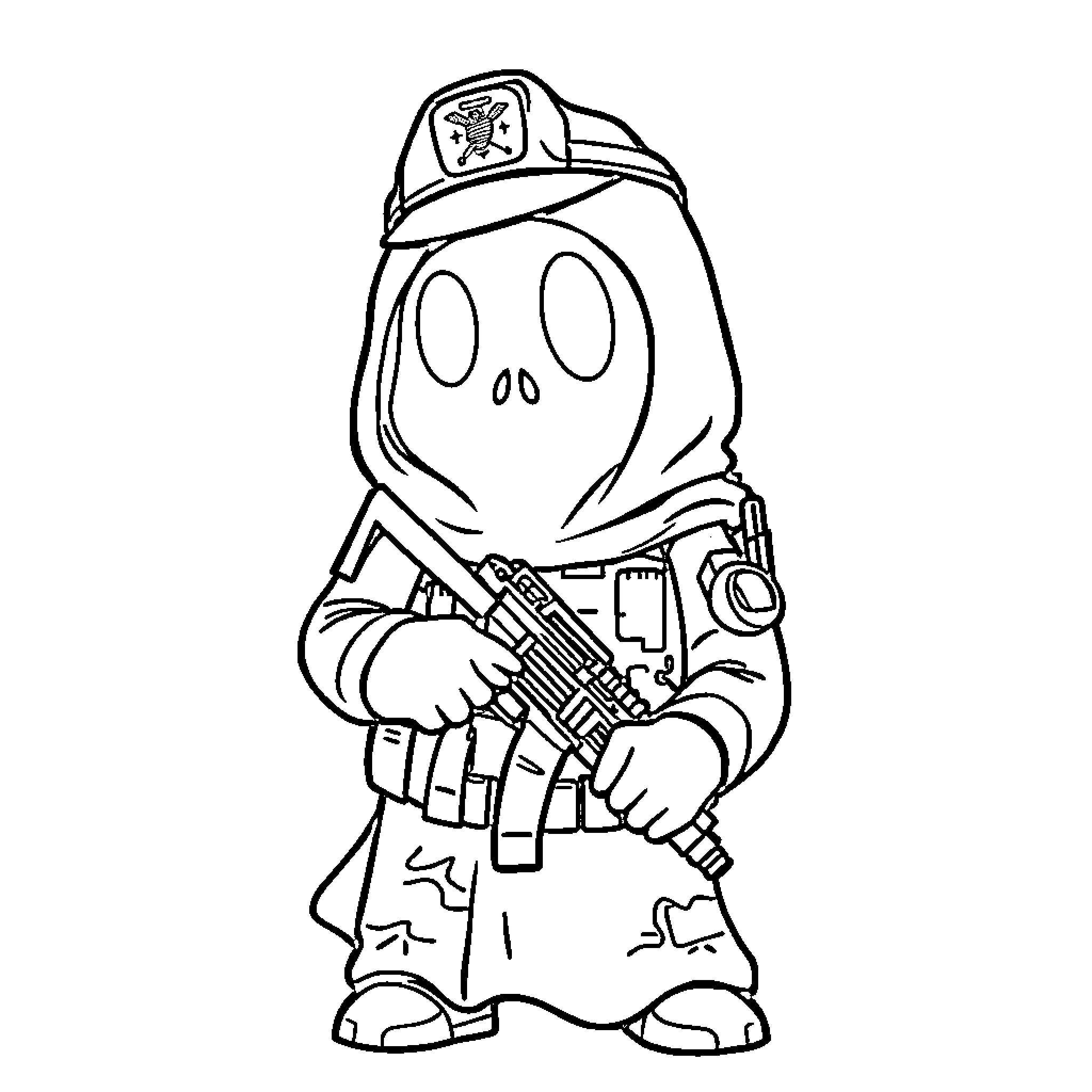 Ghost soldier in combat gear holding rifle Coloring Page (free black-and-white line drawing printable PDF for all, from beginners to advanced learners, including children, teens, adults, and seniors)