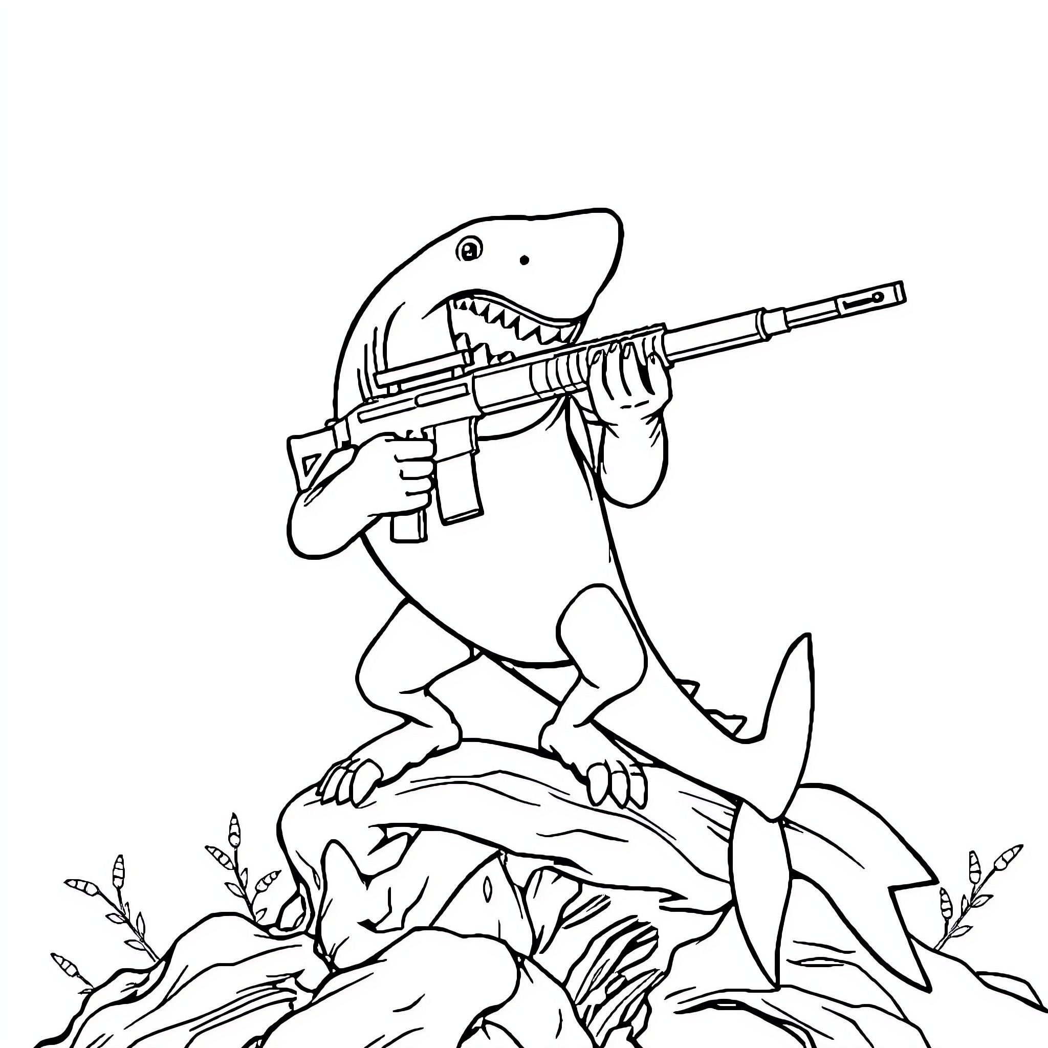 Shark hunting with assault rifle in the wild Coloring Page (free black-and-white line drawing printable PDF for all, from beginners to advanced learners, including children, teens, adults, and seniors)
