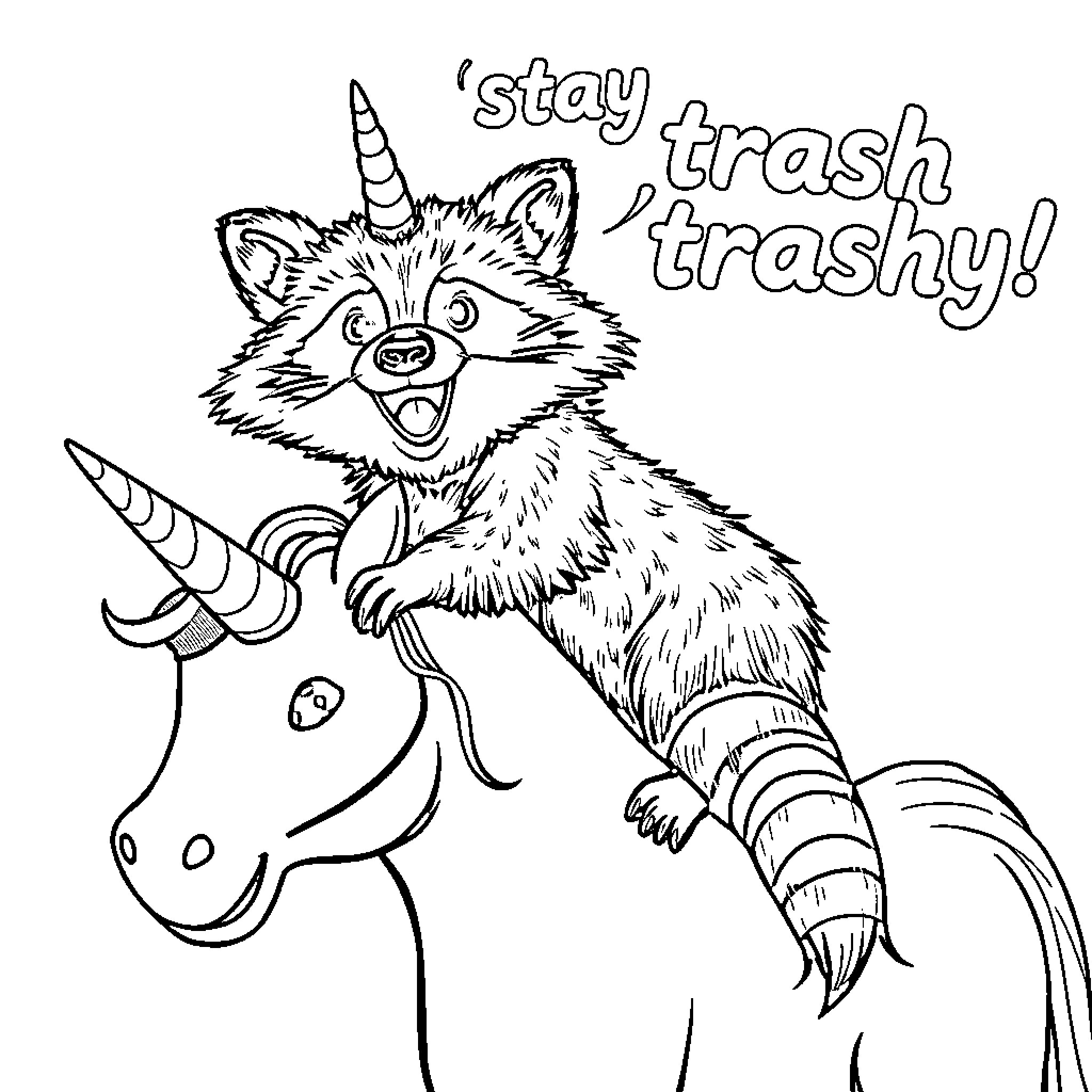 Raccoon staying with a trashy unicorn Coloring Page (free black-and-white line drawing printable PDF for all, from beginners to advanced learners, including children, teens, adults, and seniors)