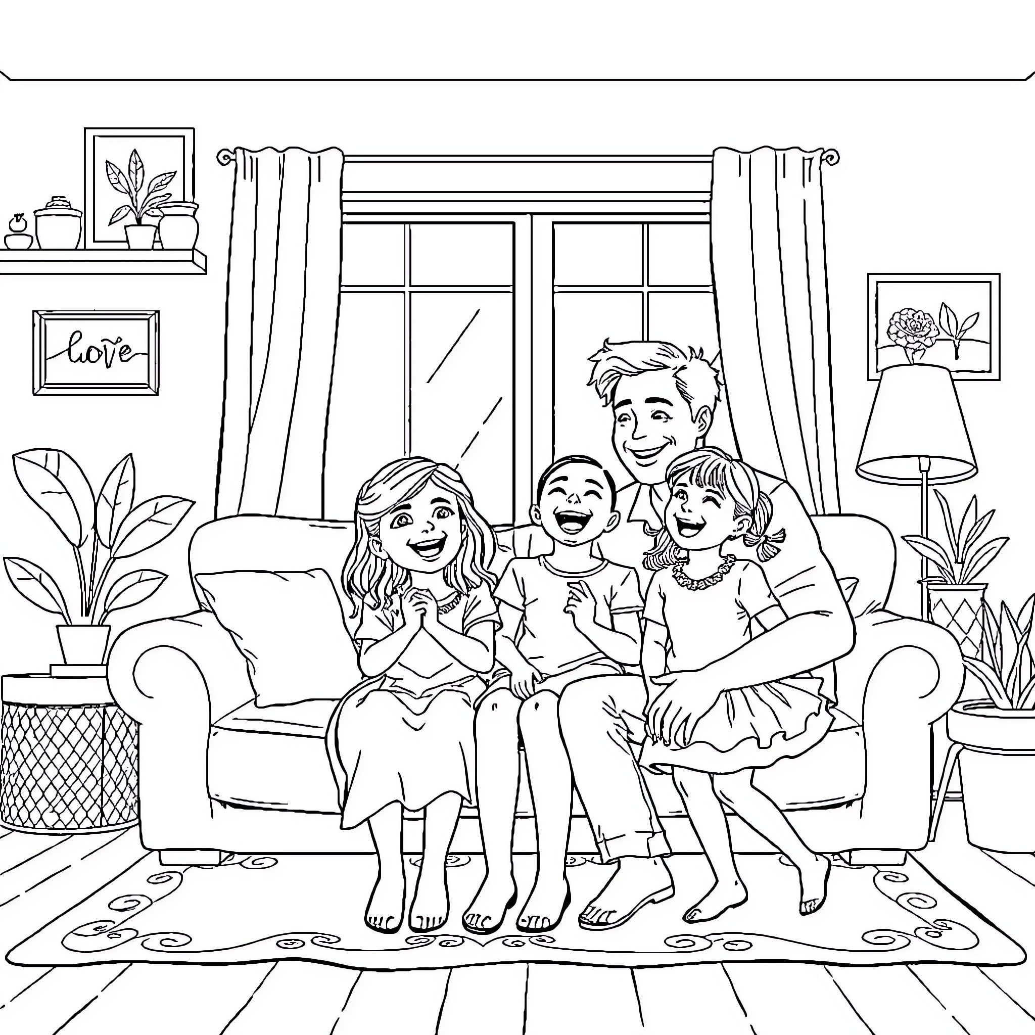 Family Bonding in Cozy Living Room Coloring Page (free black-and-white line drawing printable PDF for all, from beginners to advanced learners, including children, teens, adults, and seniors)