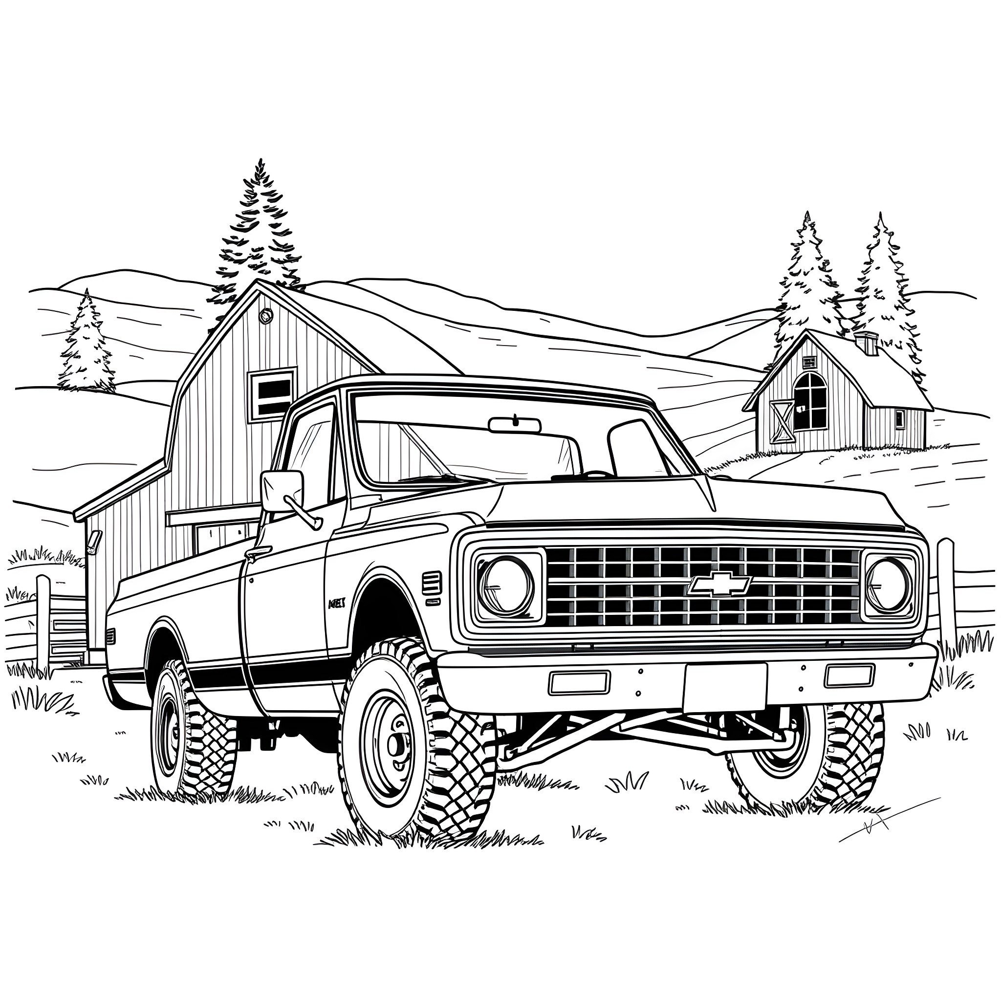 Chevy K20 truck in rustic mountain landscape Coloring Page (free black-and-white line drawing printable PDF for all, from beginners to advanced learners, including children, teens, adults, and seniors)