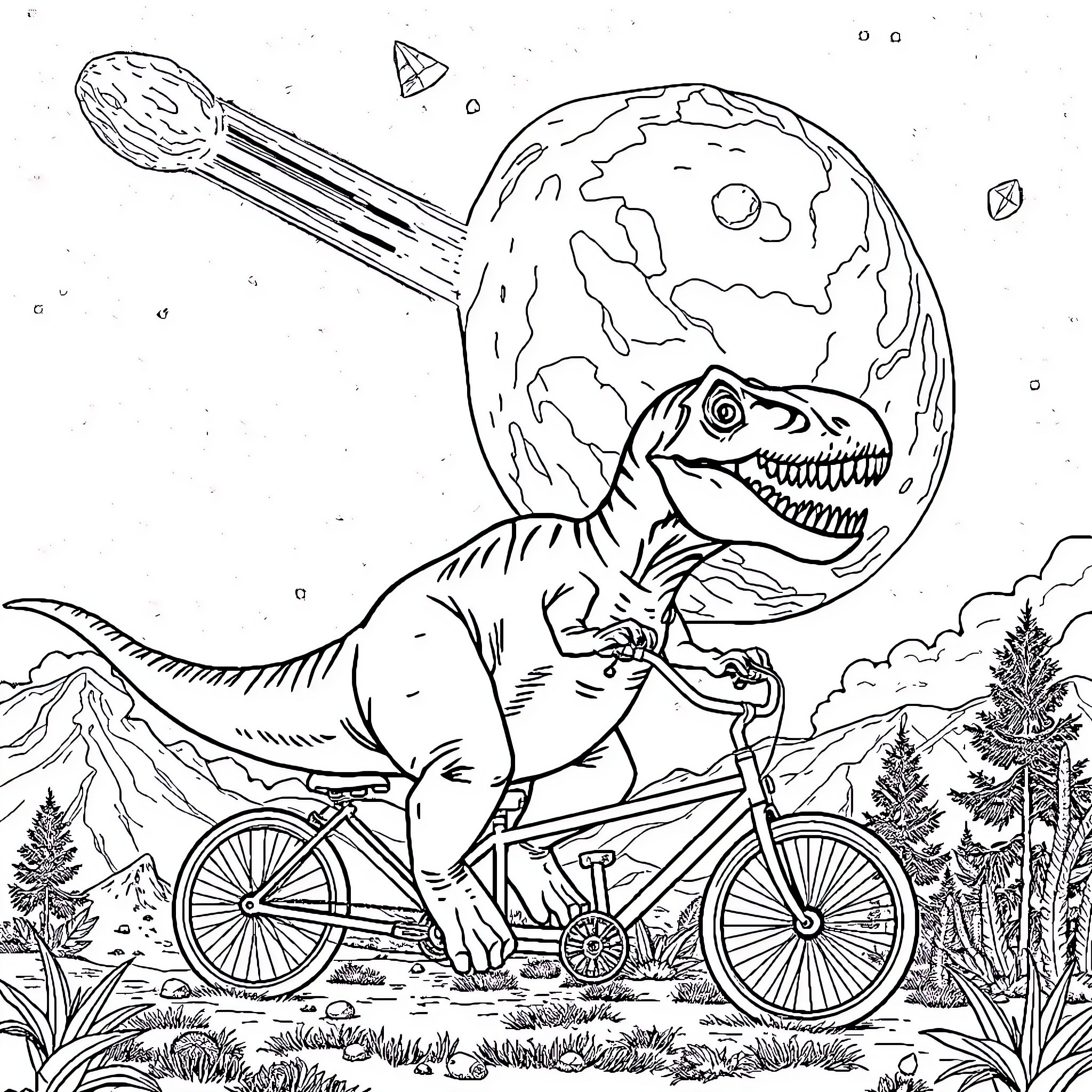 Tyrannosaurus Rex riding a bicycle in the wilderness Coloring Page (free black-and-white line drawing printable PDF for all, from beginners to advanced learners, including children, teens, adults, and seniors)