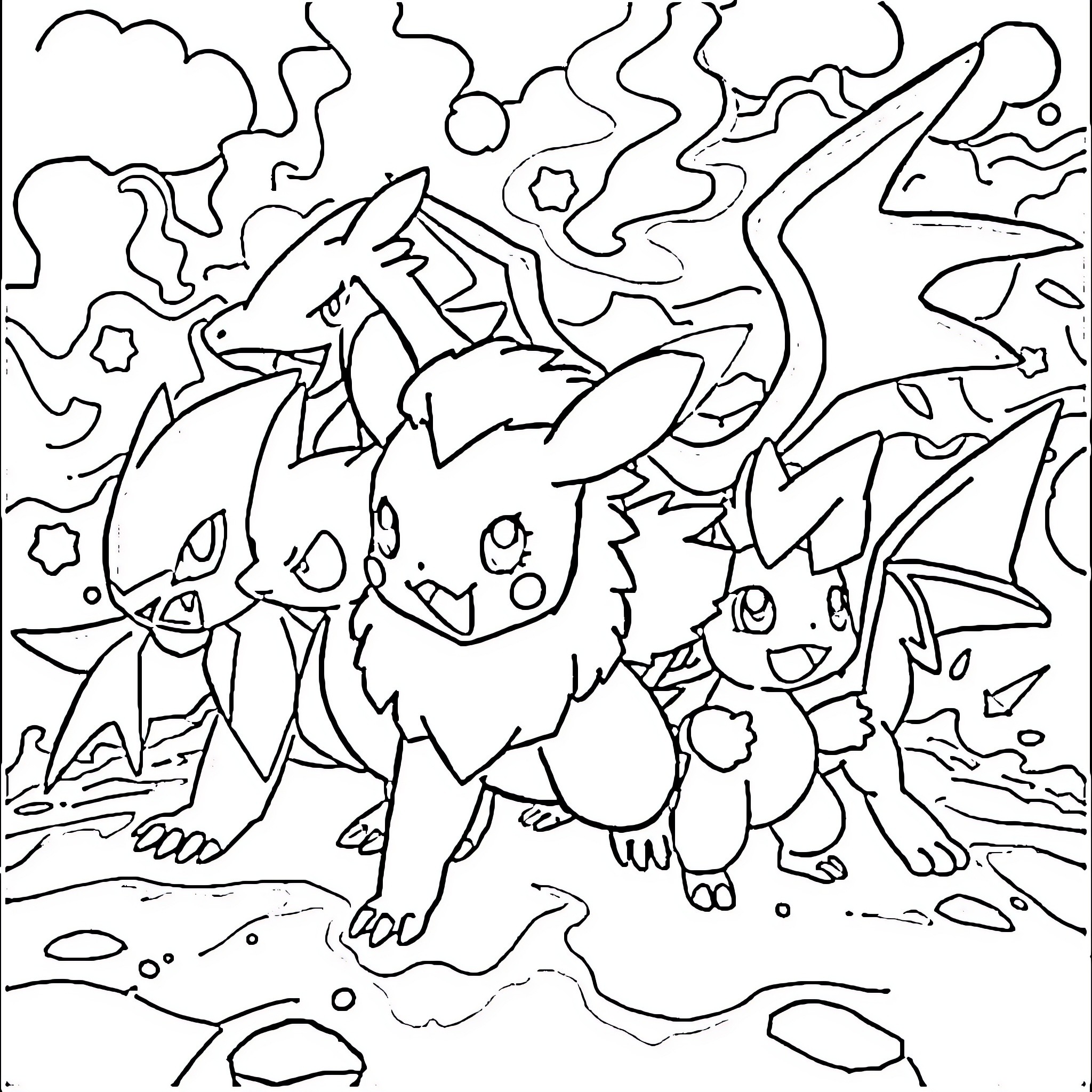 Pokémon characters in a fantastical scene Coloring Page (free black-and-white line drawing printable PDF for all, from beginners to advanced learners, including children, teens, adults, and seniors)