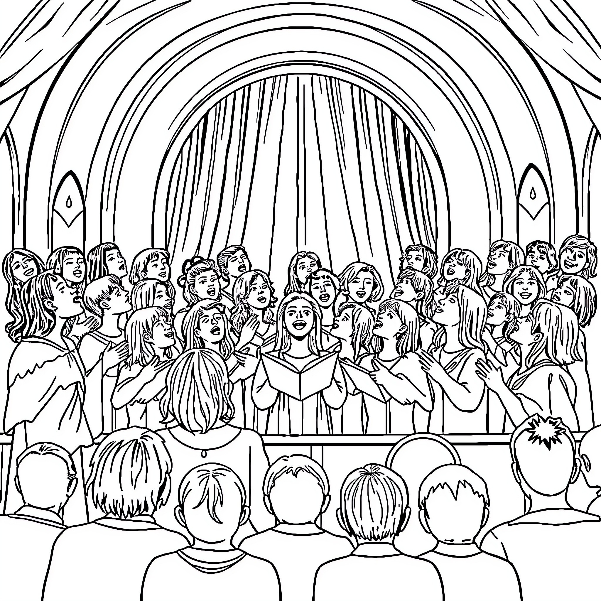 Chorus of Singing Performers on Stage Coloring Page (free black-and-white line drawing printable PDF for all, from beginners to advanced learners, including children, teens, adults, and seniors)
