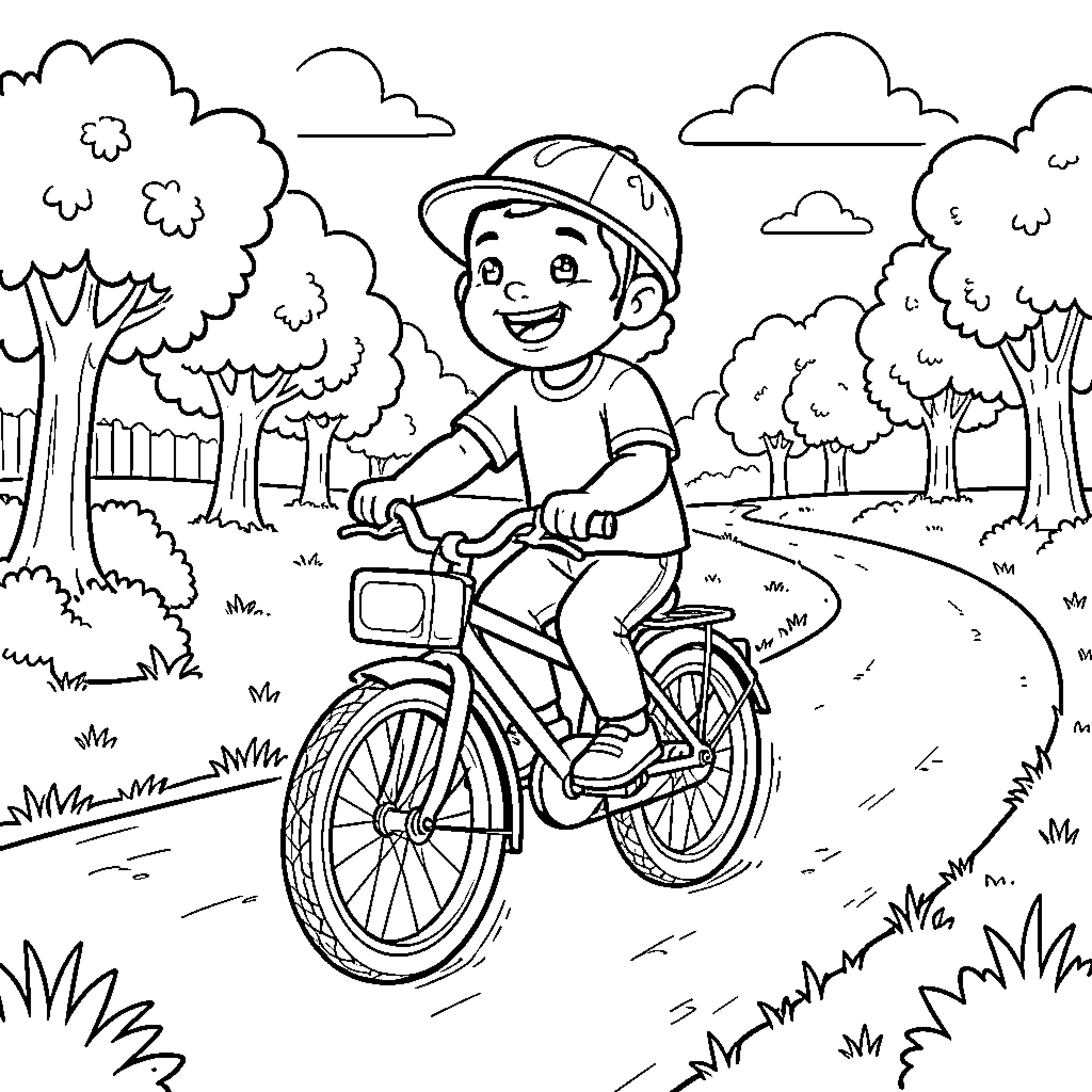 Trotro riding a bicycle through a scenic park Coloring Page (free black-and-white line drawing printable PDF for all, from beginners to advanced learners, including children, teens, adults, and seniors)