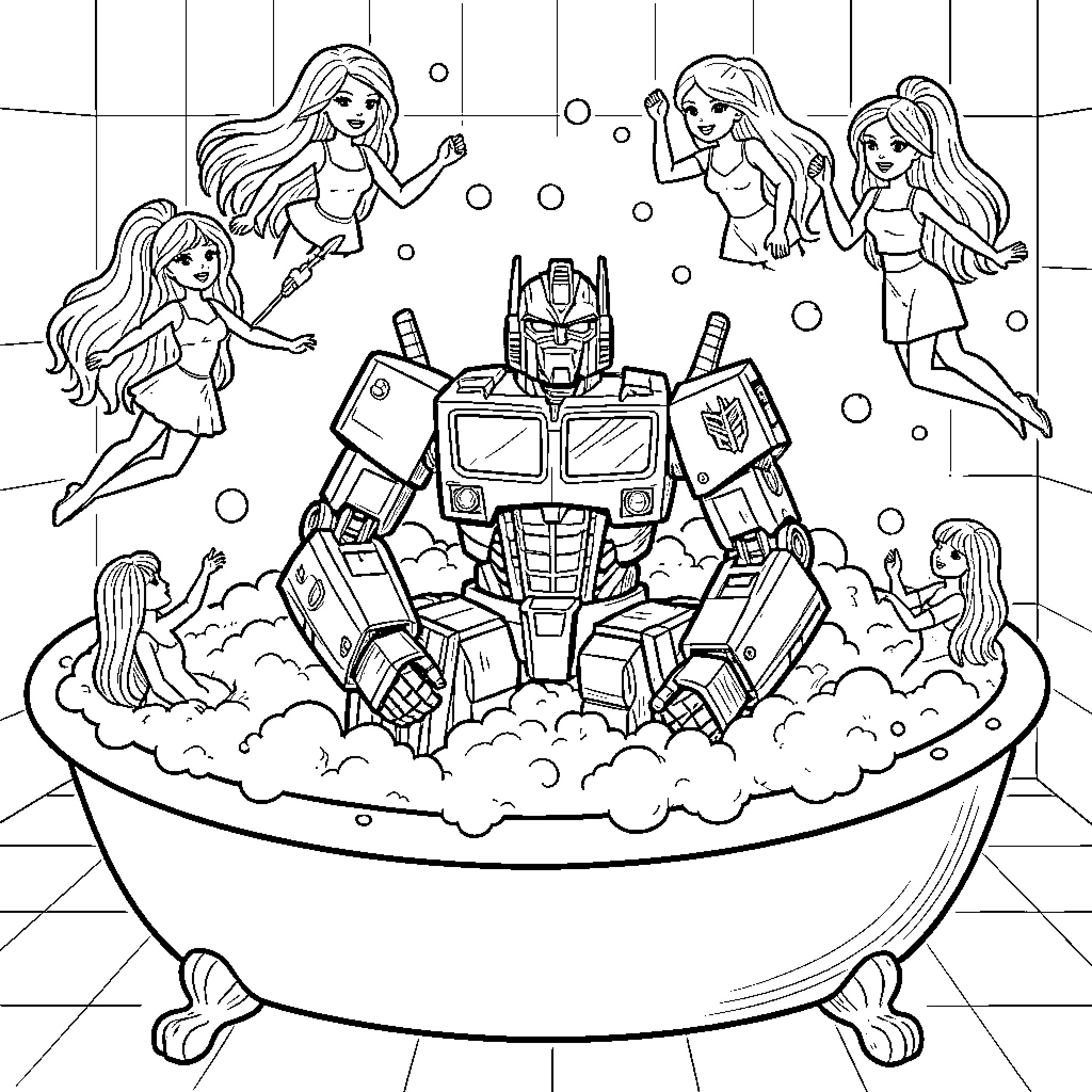 Optimus Prime sitting in a bubble bath with girls Coloring Page (free black-and-white line drawing printable PDF for all, from beginners to advanced learners, including children, teens, adults, and seniors)