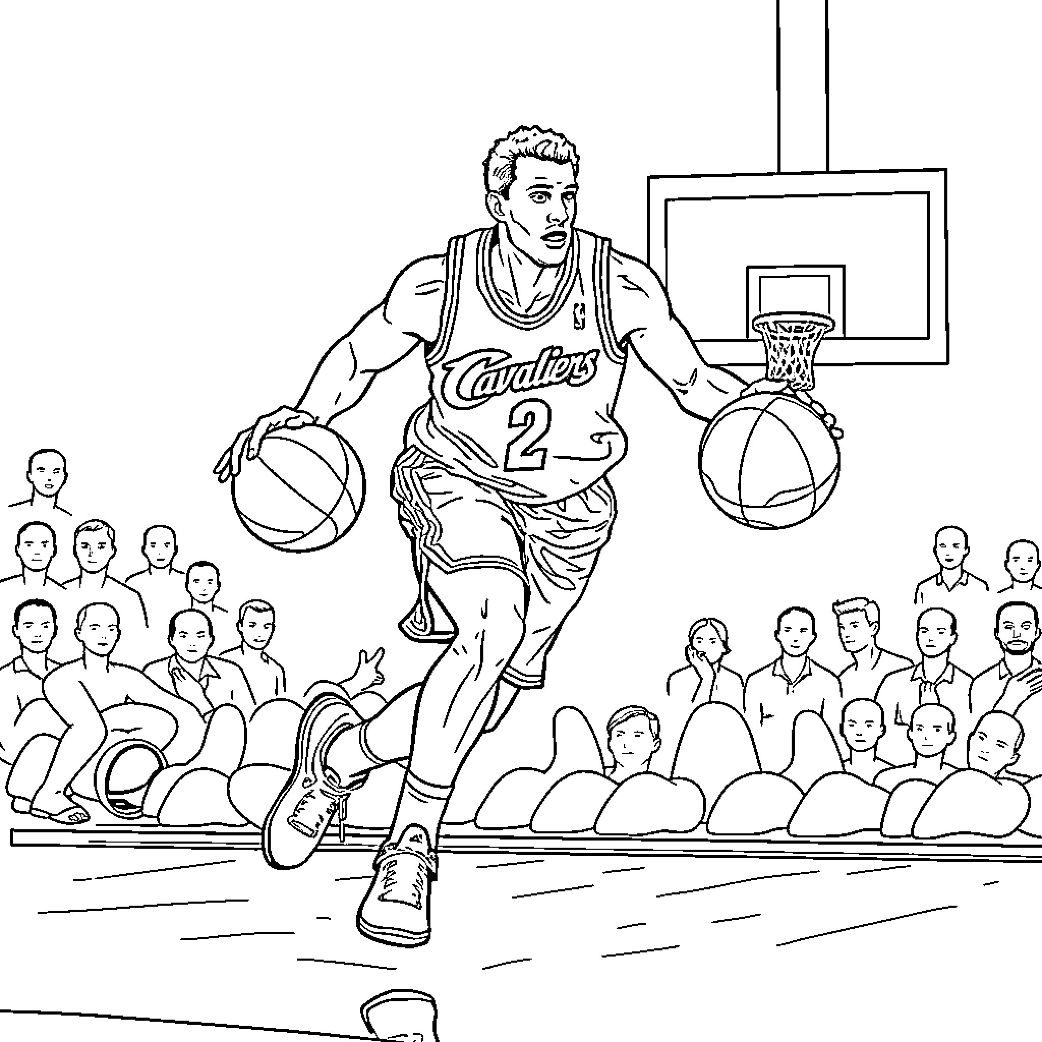 Cavalier Basketball Player Dribbling on the Court Coloring Page (free black-and-white line drawing printable PDF for all, from beginners to advanced learners, including children, teens, adults, and seniors)