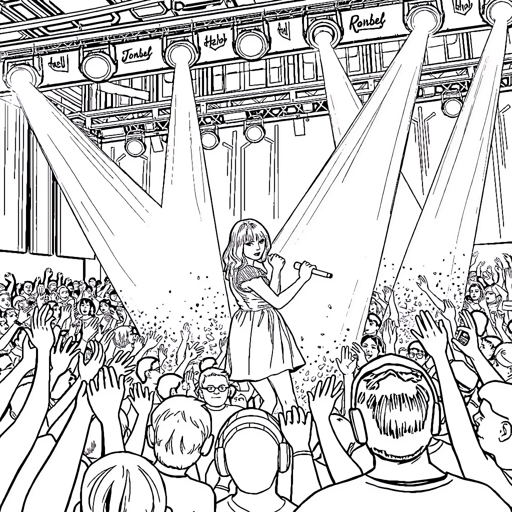 Taylor Swift performing energetically on stage with adoring fans Coloring Page (free black-and-white line drawing printable PDF for all, from beginners to advanced learners, including children, teens, adults, and seniors)