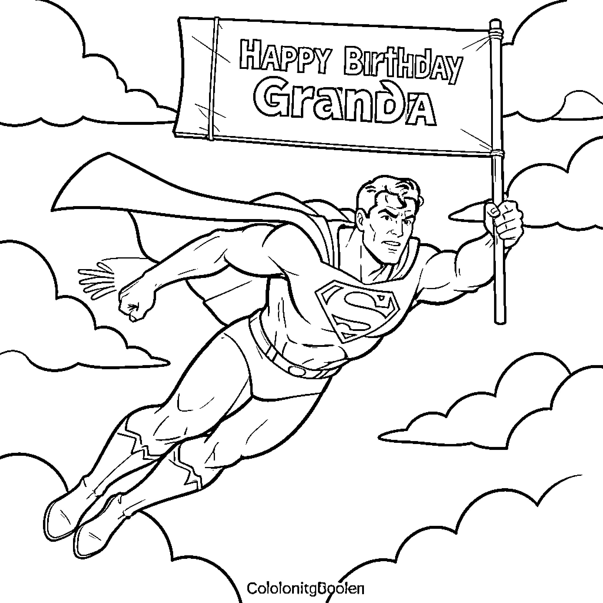 Superman flying through clouds holding a birthday banner Coloring Page (free black-and-white line drawing printable PDF for all, from beginners to advanced learners, including children, teens, adults, and seniors)