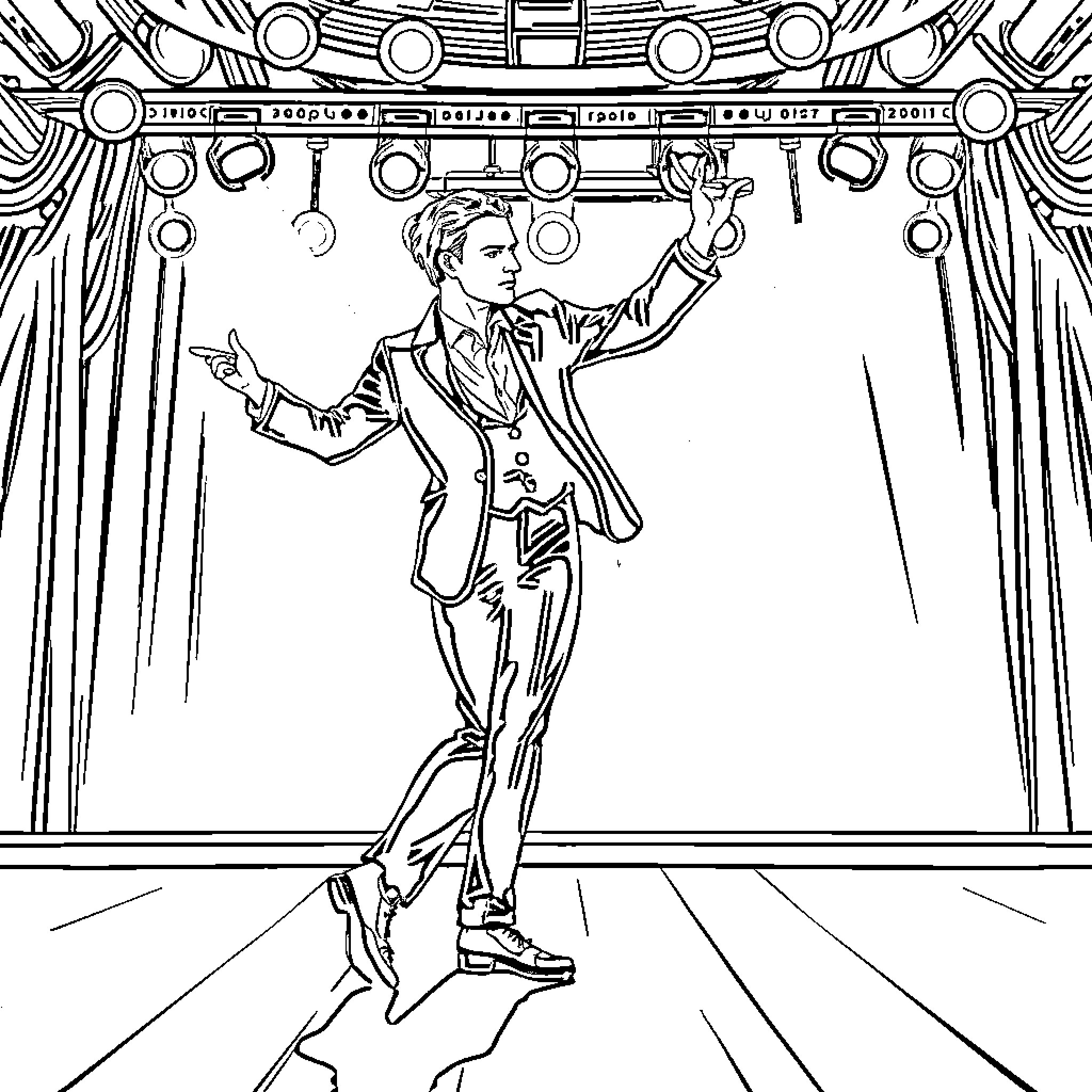 Johannes Radebe performing energetic dance moves on stage Coloring Page (free black-and-white line drawing printable PDF for all, from beginners to advanced learners, including children, teens, adults, and seniors)