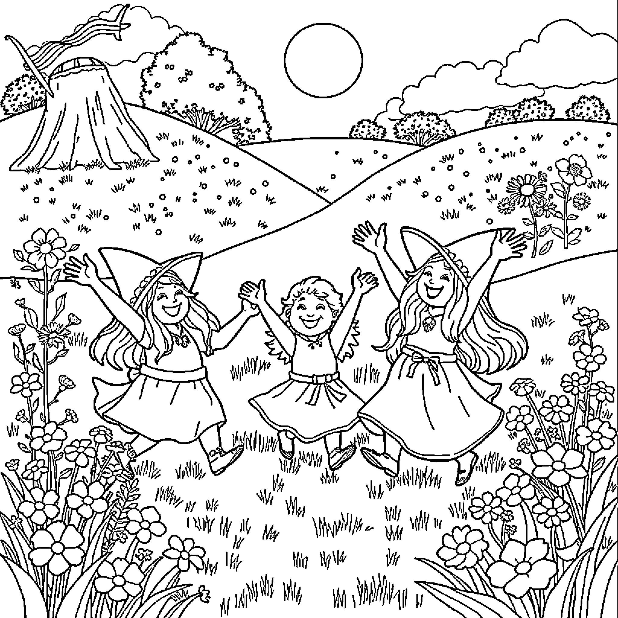 Hobbit children frolicking in the enchanted meadow Coloring Page (free black-and-white line drawing printable PDF for all, from beginners to advanced learners, including children, teens, adults, and seniors)