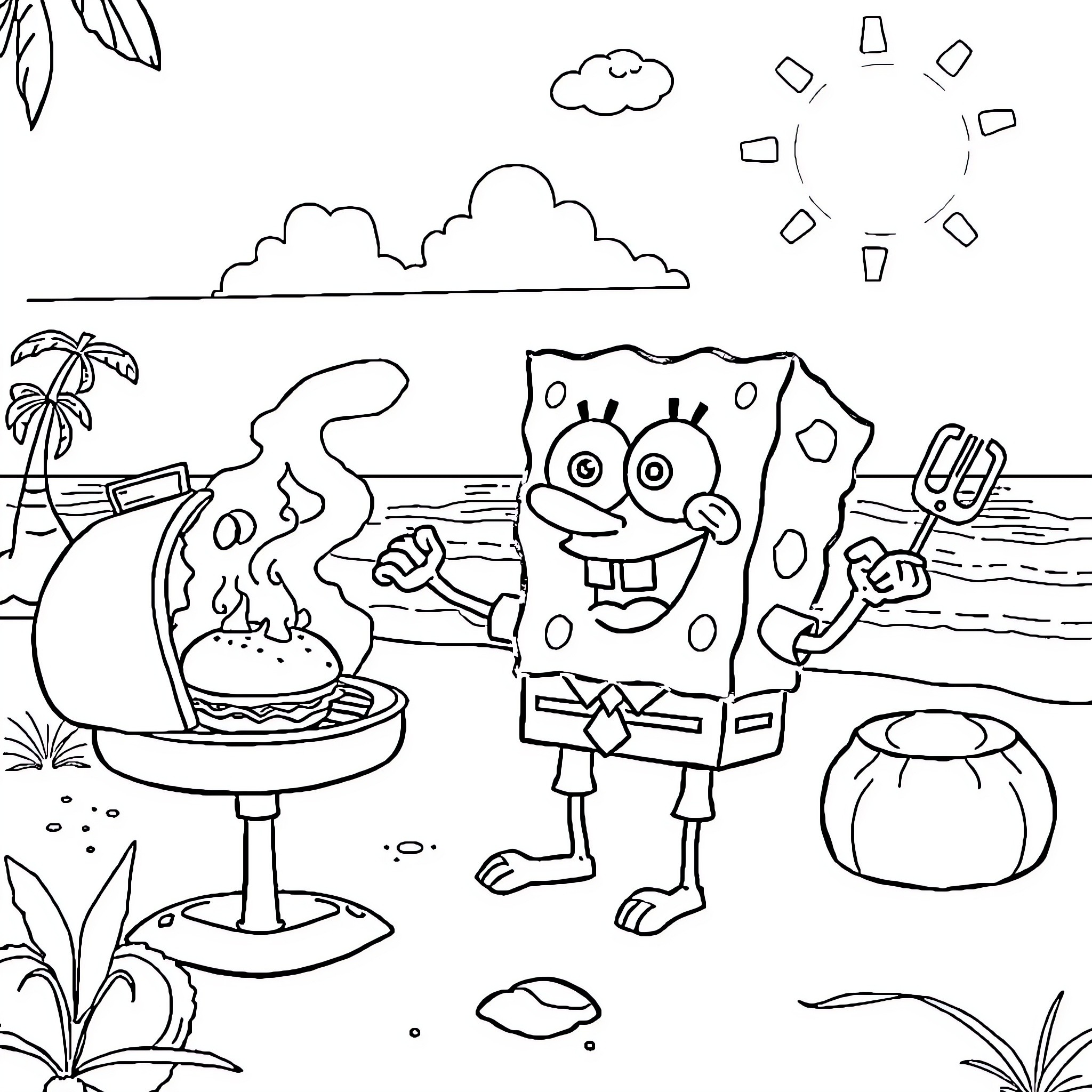 Spongebob enjoying a day at the beach Coloring Page (free black-and-white line drawing printable PDF for all, from beginners to advanced learners, including children, teens, adults, and seniors)