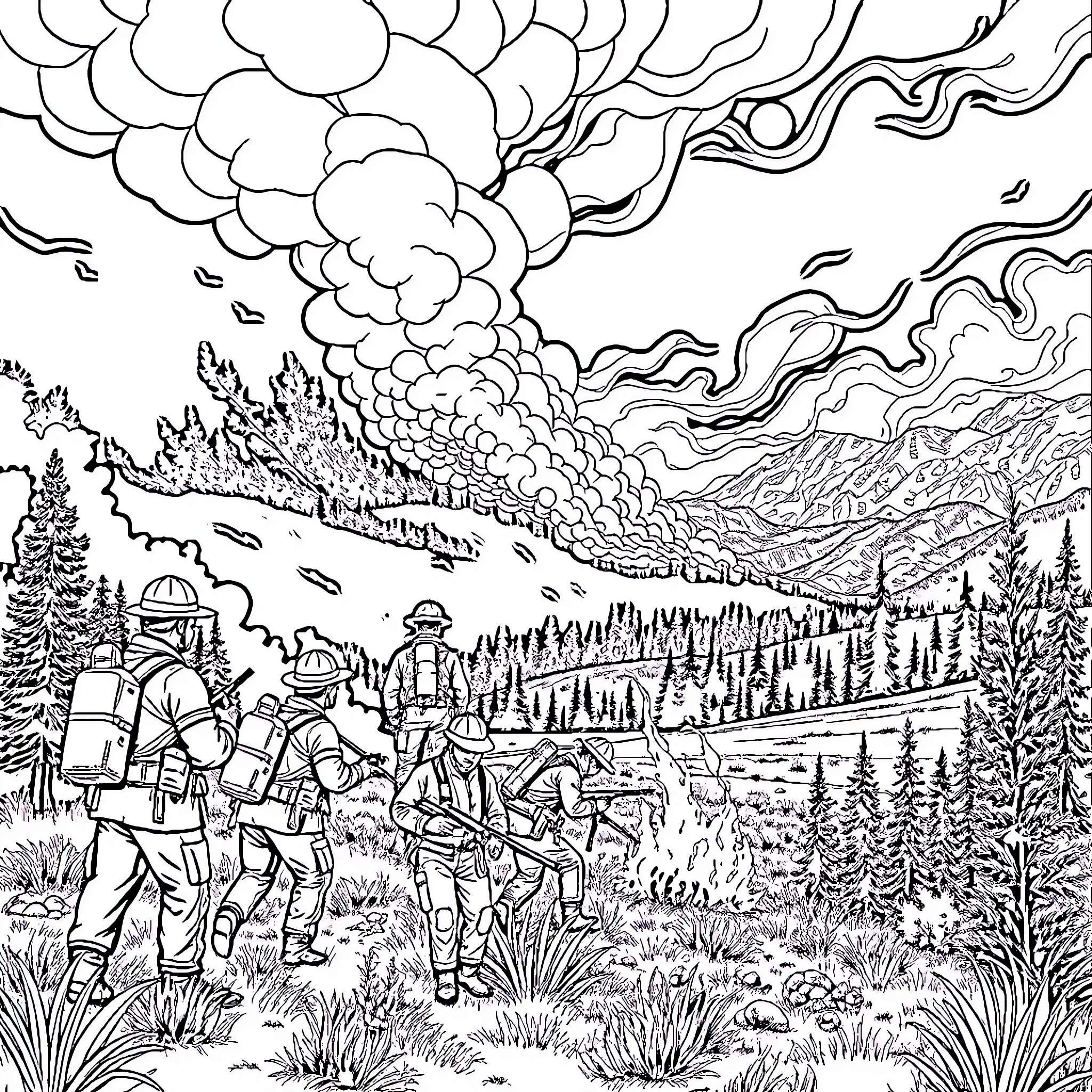 Firefighters battling a raging wildfire in the forest Coloring Page (free black-and-white line drawing printable PDF for all, from beginners to advanced learners, including children, teens, adults, and seniors)