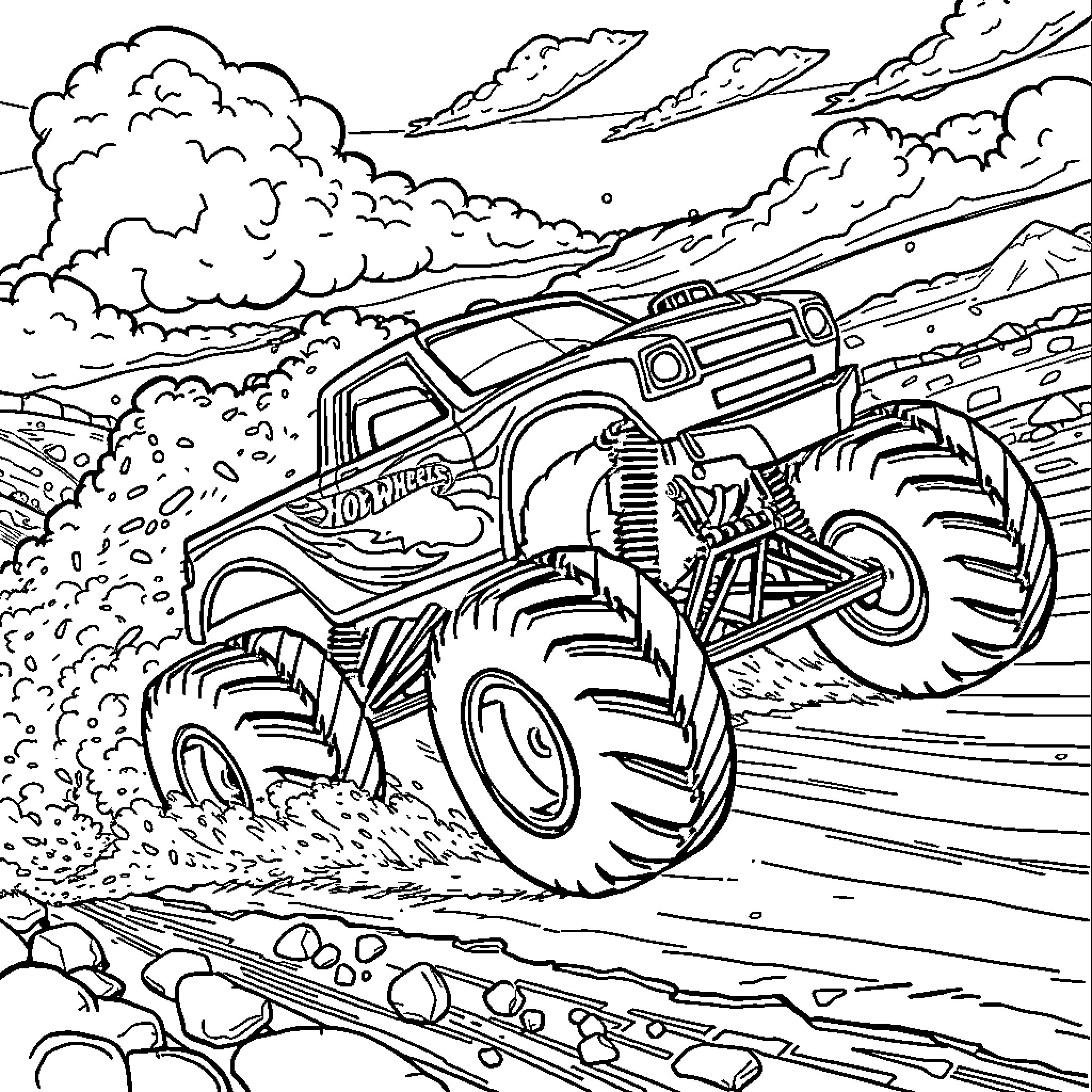 Monster Truck Roaring Through Rough Terrain Coloring Page (free black-and-white line drawing printable PDF for all, from beginners to advanced learners, including children, teens, adults, and seniors)