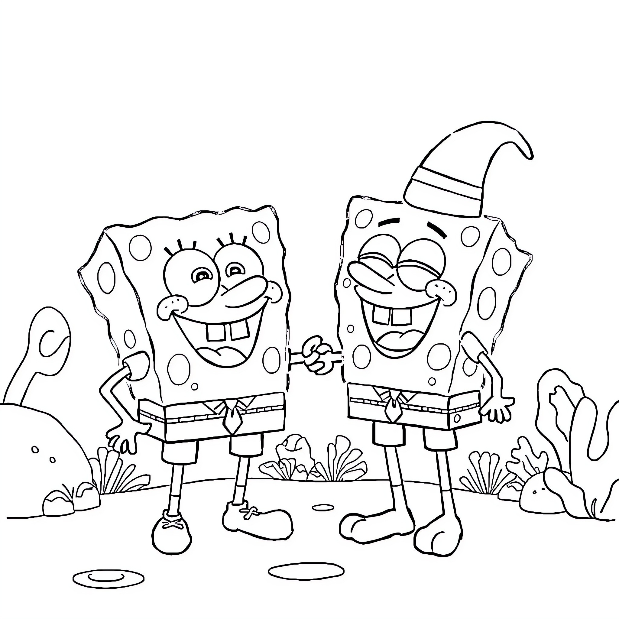Spongebob and Patrick playing happily in the park Coloring Page (free black-and-white line drawing printable PDF for all, from beginners to advanced learners, including children, teens, adults, and seniors)
