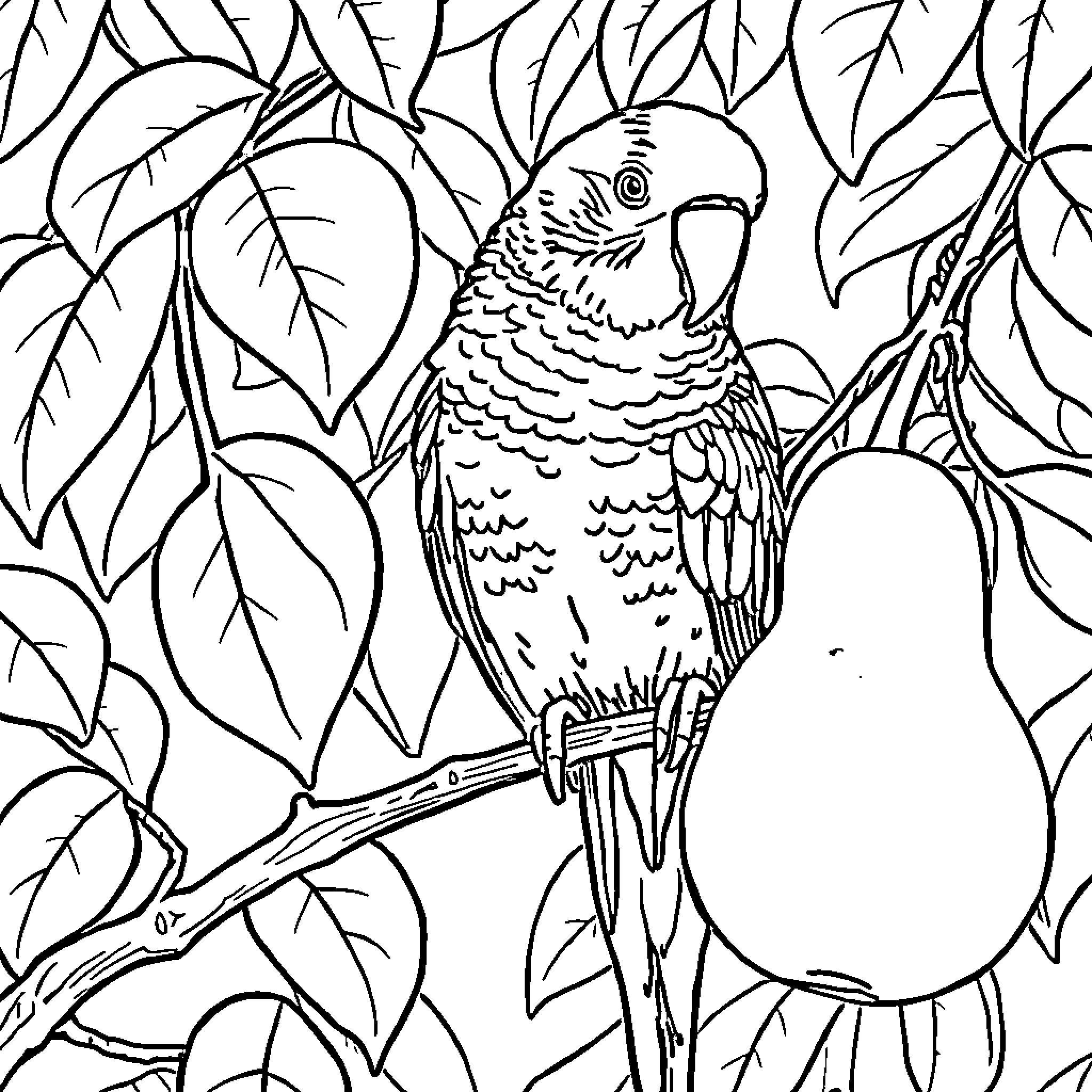 Parakeet perched amidst lush foliage Coloring Page (free black-and-white line drawing printable PDF for all, from beginners to advanced learners, including children, teens, adults, and seniors)