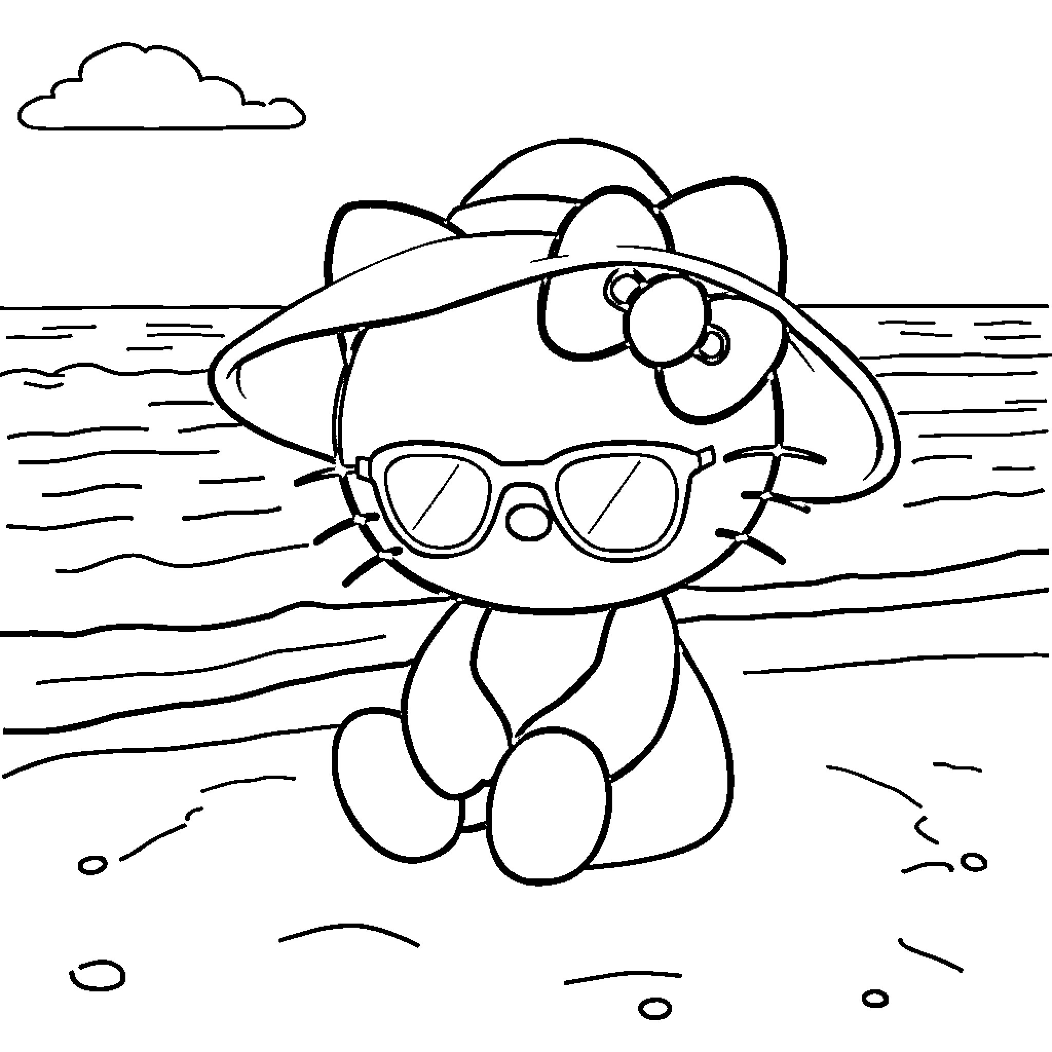 Hello Kitty enjoying the beach in sunglasses Coloring Page (free black-and-white line drawing printable PDF for all, from beginners to advanced learners, including children, teens, adults, and seniors)