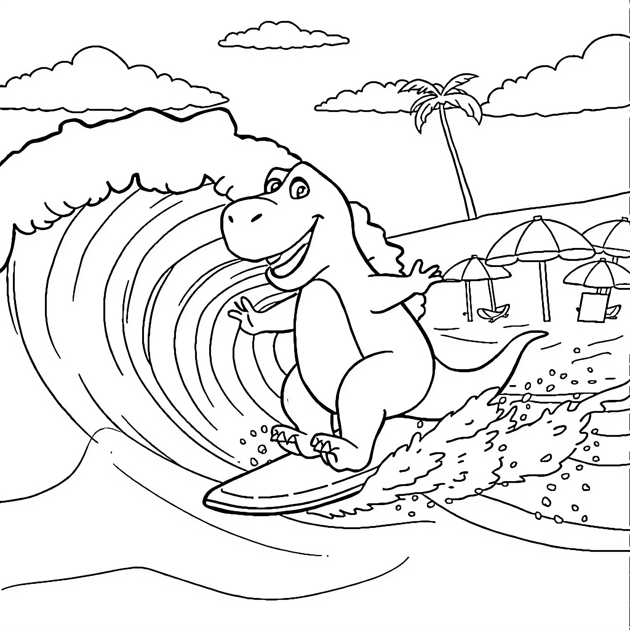 Barney surfing happily on a giant wave at the beach Coloring Page (free black-and-white line drawing printable PDF for all, from beginners to advanced learners, including children, teens, adults, and seniors)
