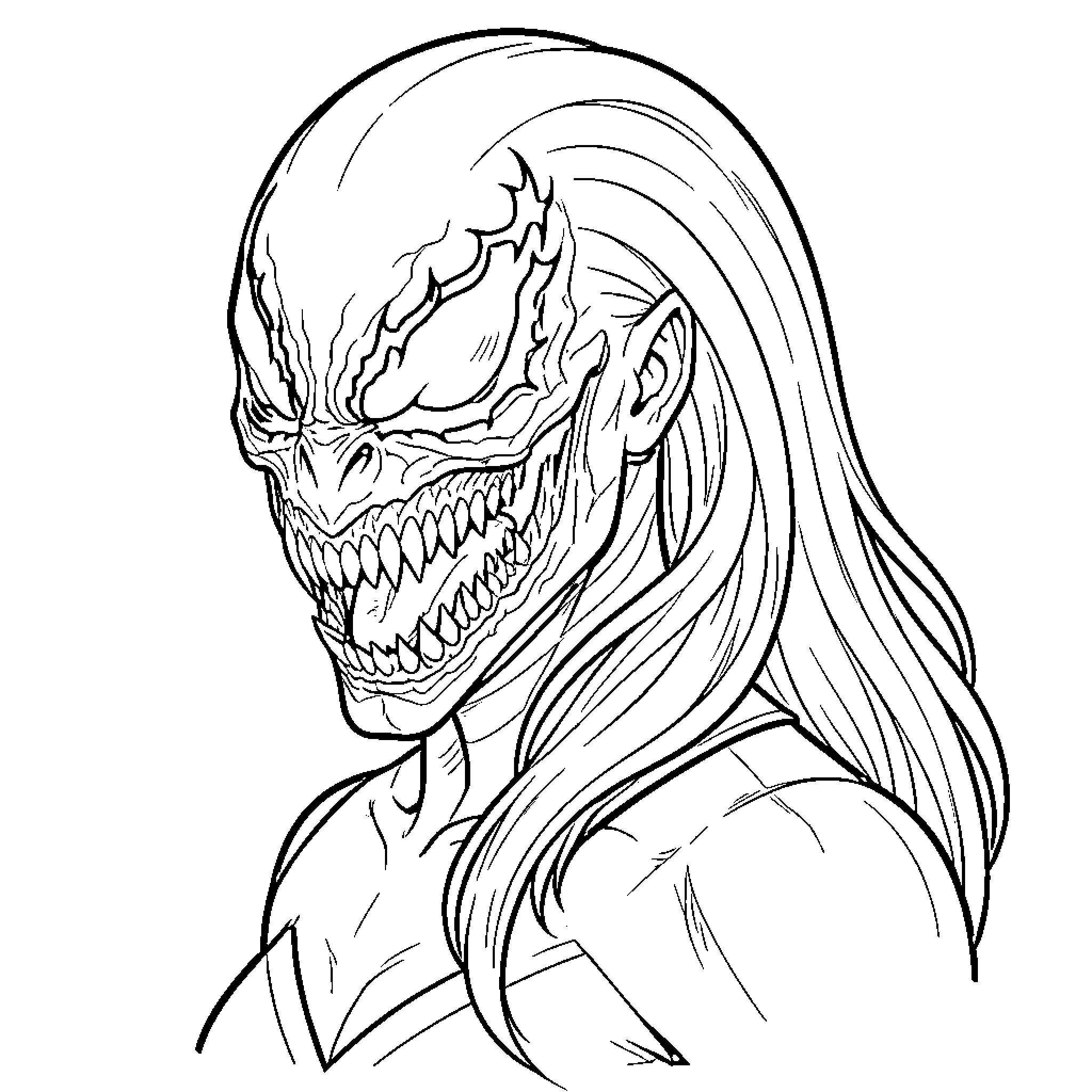 Venom's Monstrous Visage Coloring Page (free black-and-white line drawing printable PDF for all, from beginners to advanced learners, including children, teens, adults, and seniors)