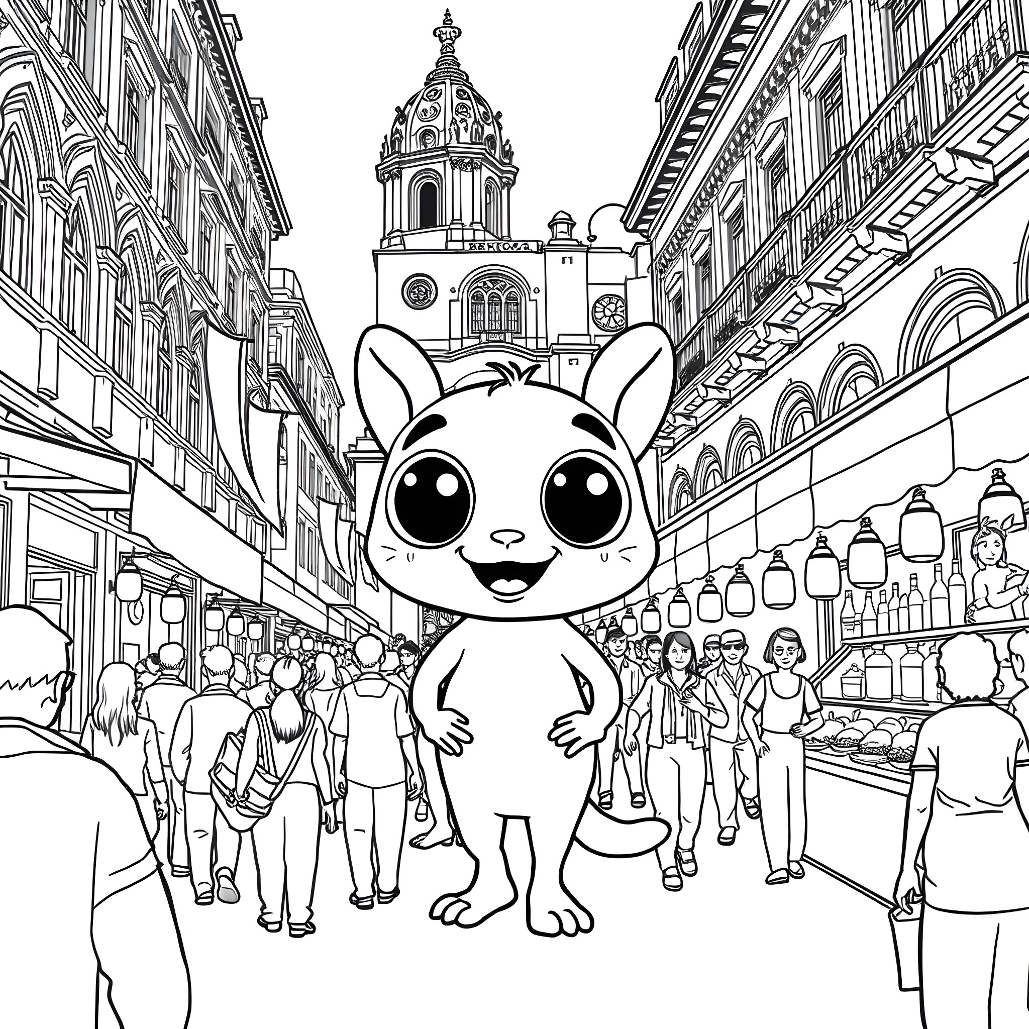 Labubu's Whimsical Adventure in the Bustling City Coloring Page (free black-and-white line drawing printable PDF for all, from beginners to advanced learners, including children, teens, adults, and seniors)