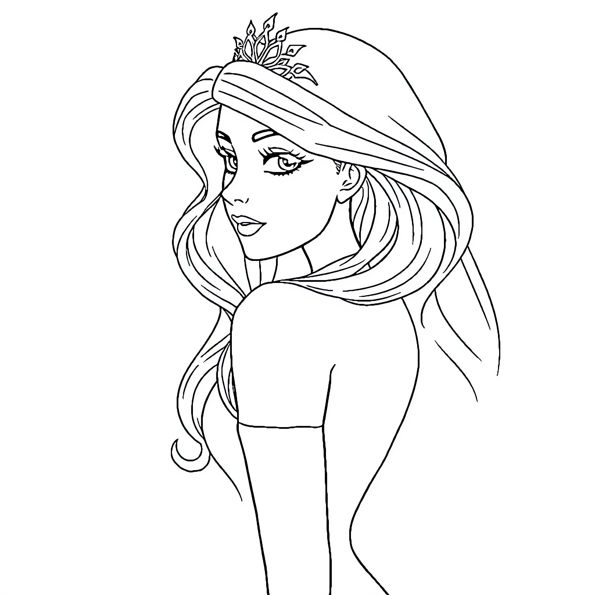 Princess with elegant crown and long flowing hair Coloring Page (free black-and-white line drawing printable PDF for all, from beginners to advanced learners, including children, teens, adults, and seniors)