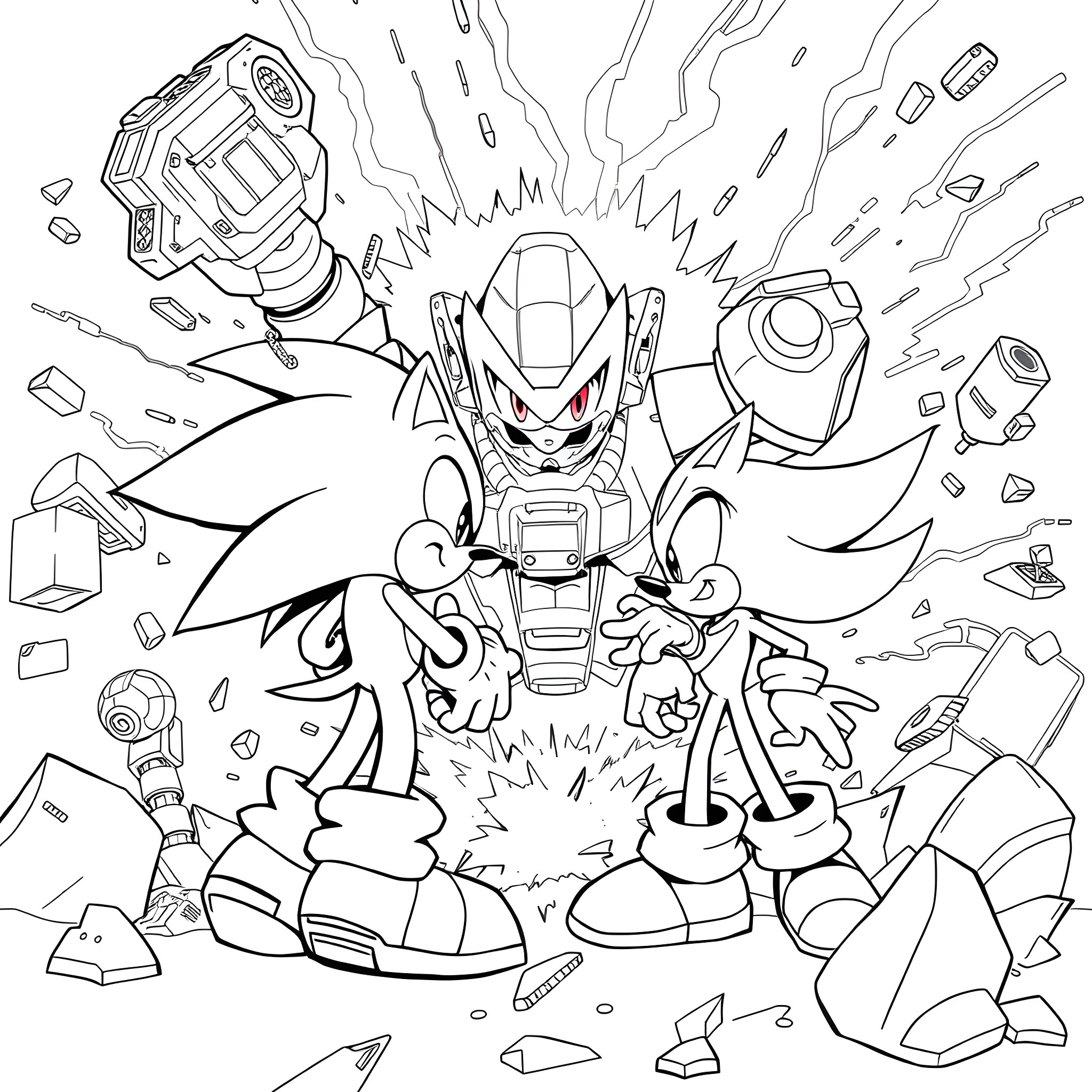 Sonic's epic battle with destructive forces Coloring Page (free black-and-white line drawing printable PDF for all, from beginners to advanced learners, including children, teens, adults, and seniors)
