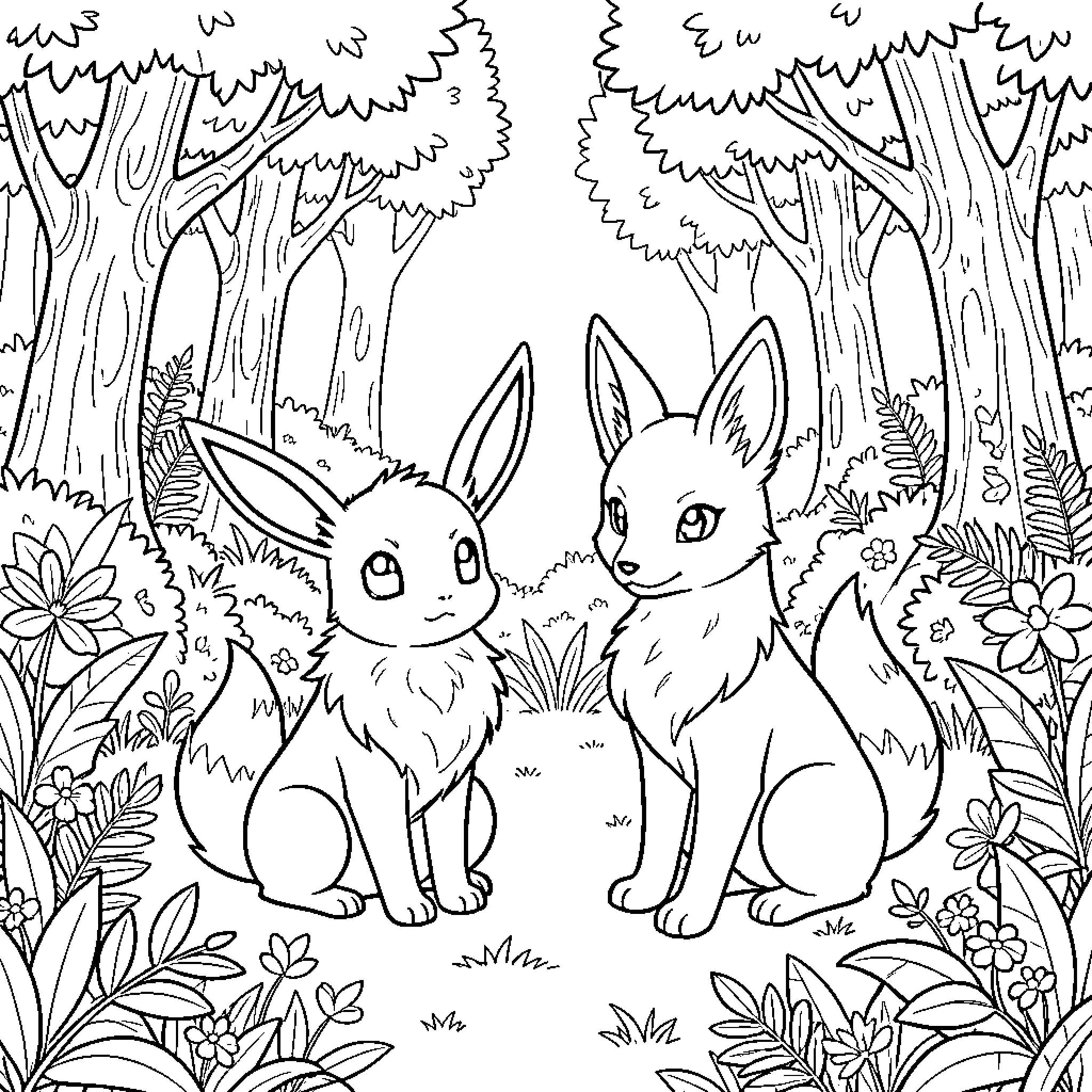 Eevee characters sitting together in a lush forest Coloring Page (free black-and-white line drawing printable PDF for all, from beginners to advanced learners, including children, teens, adults, and seniors)