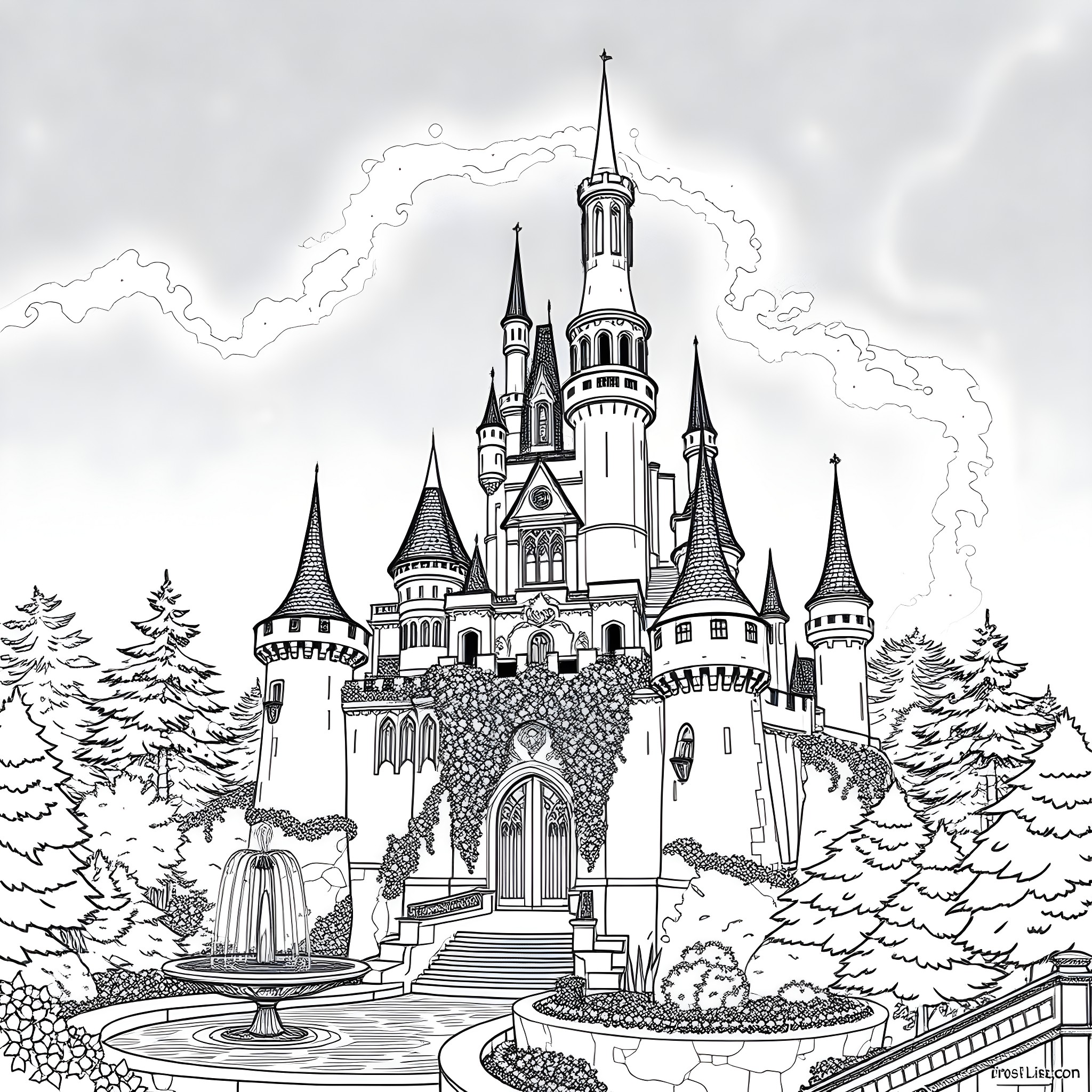 Aurora's Enchanted Castle Illustration Coloring Page (free black-and-white line drawing printable PDF for all, from beginners to advanced learners, including children, teens, adults, and seniors)