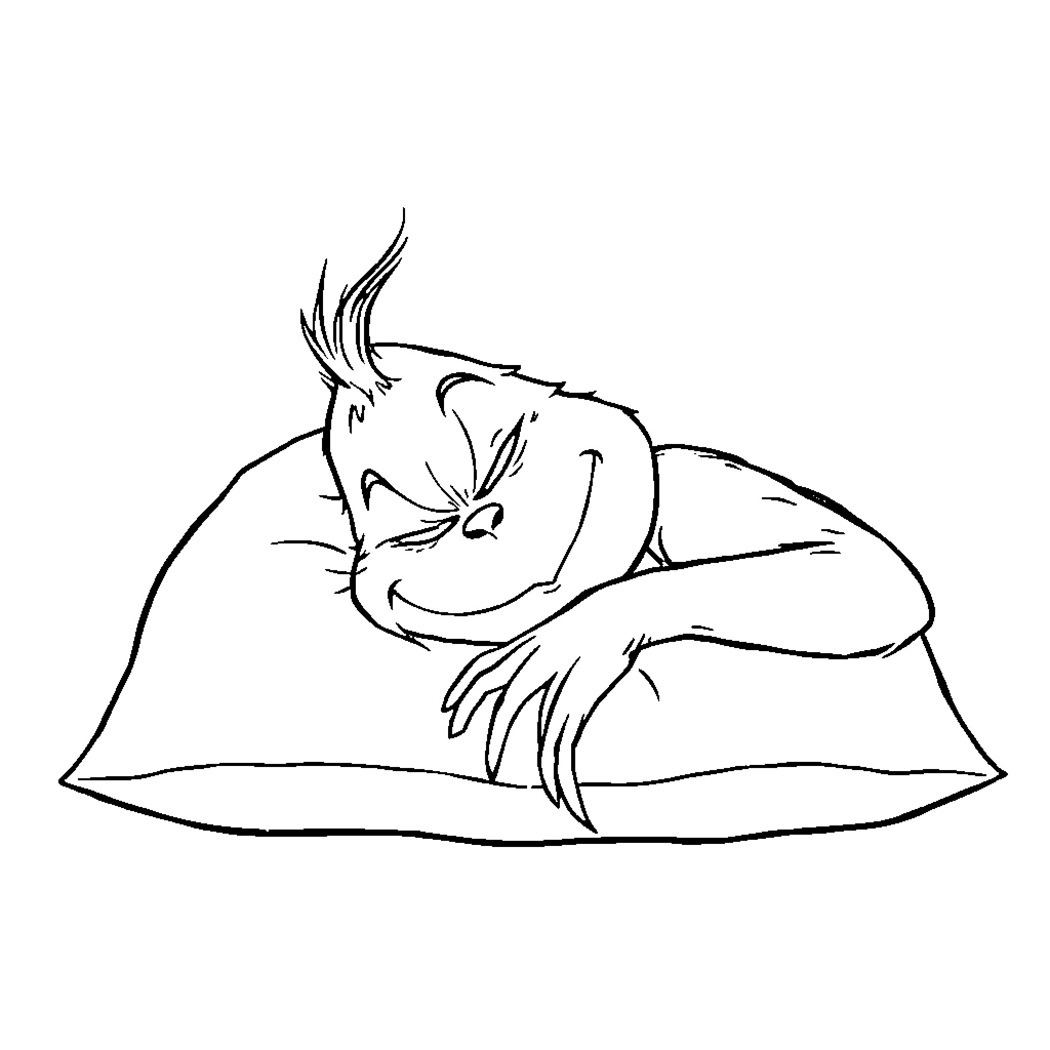 Grinch lounging on a pillow in relaxation Coloring Page (free black-and-white line drawing printable PDF for all, from beginners to advanced learners, including children, teens, adults, and seniors)