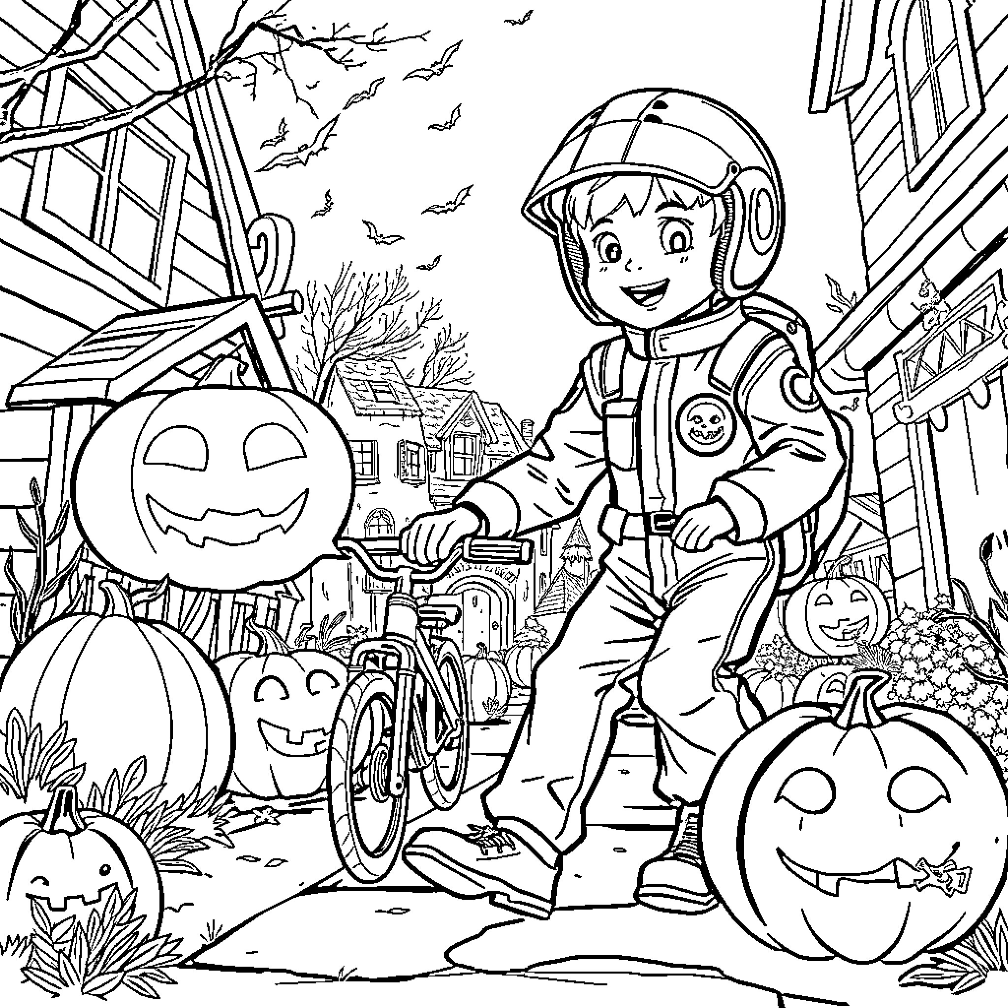 Boy in Costume Riding Bike on Halloween Coloring Page (free black-and-white line drawing printable PDF for all, from beginners to advanced learners, including children, teens, adults, and seniors)